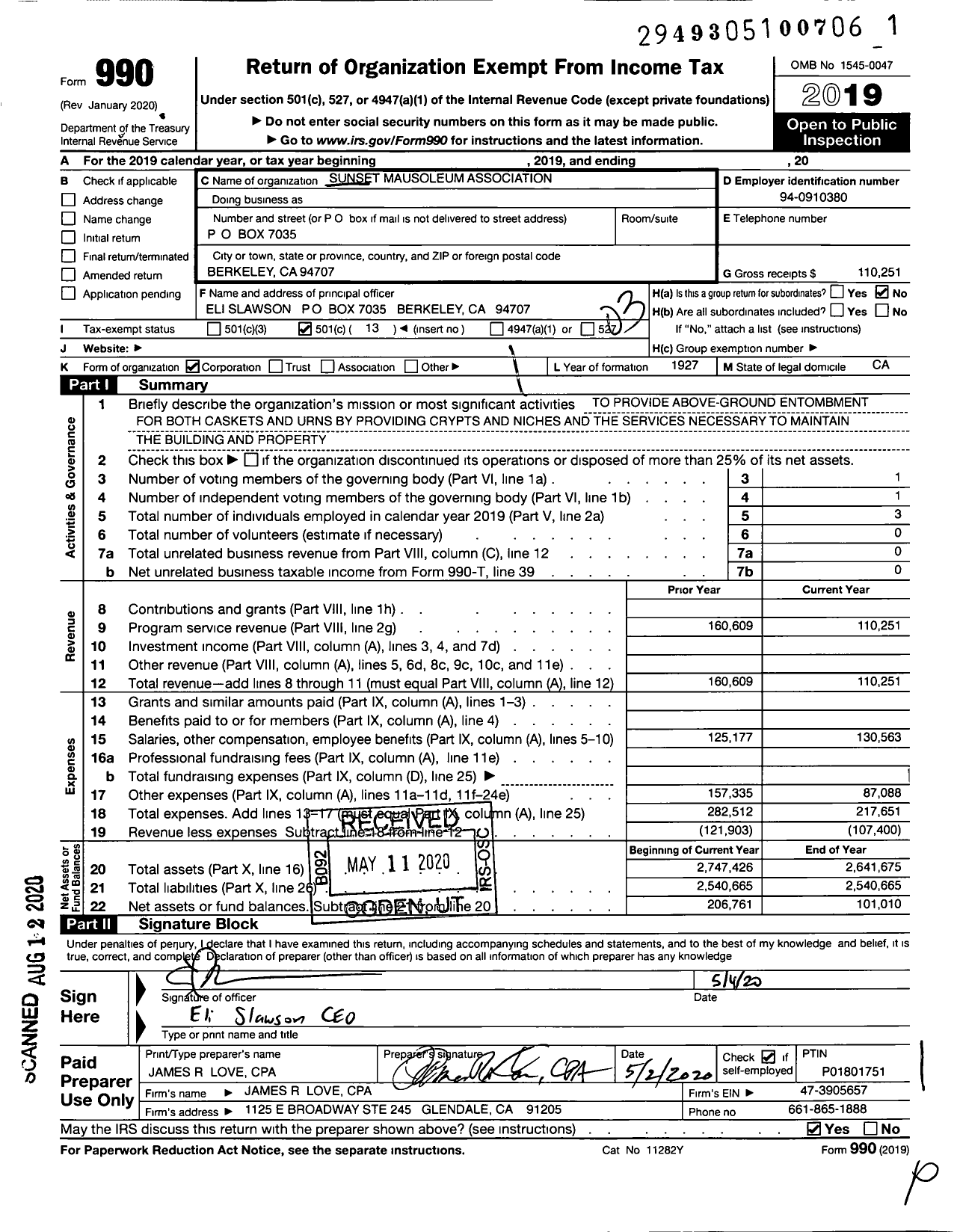 Image of first page of 2019 Form 990 for Sunset Mausoleum Association