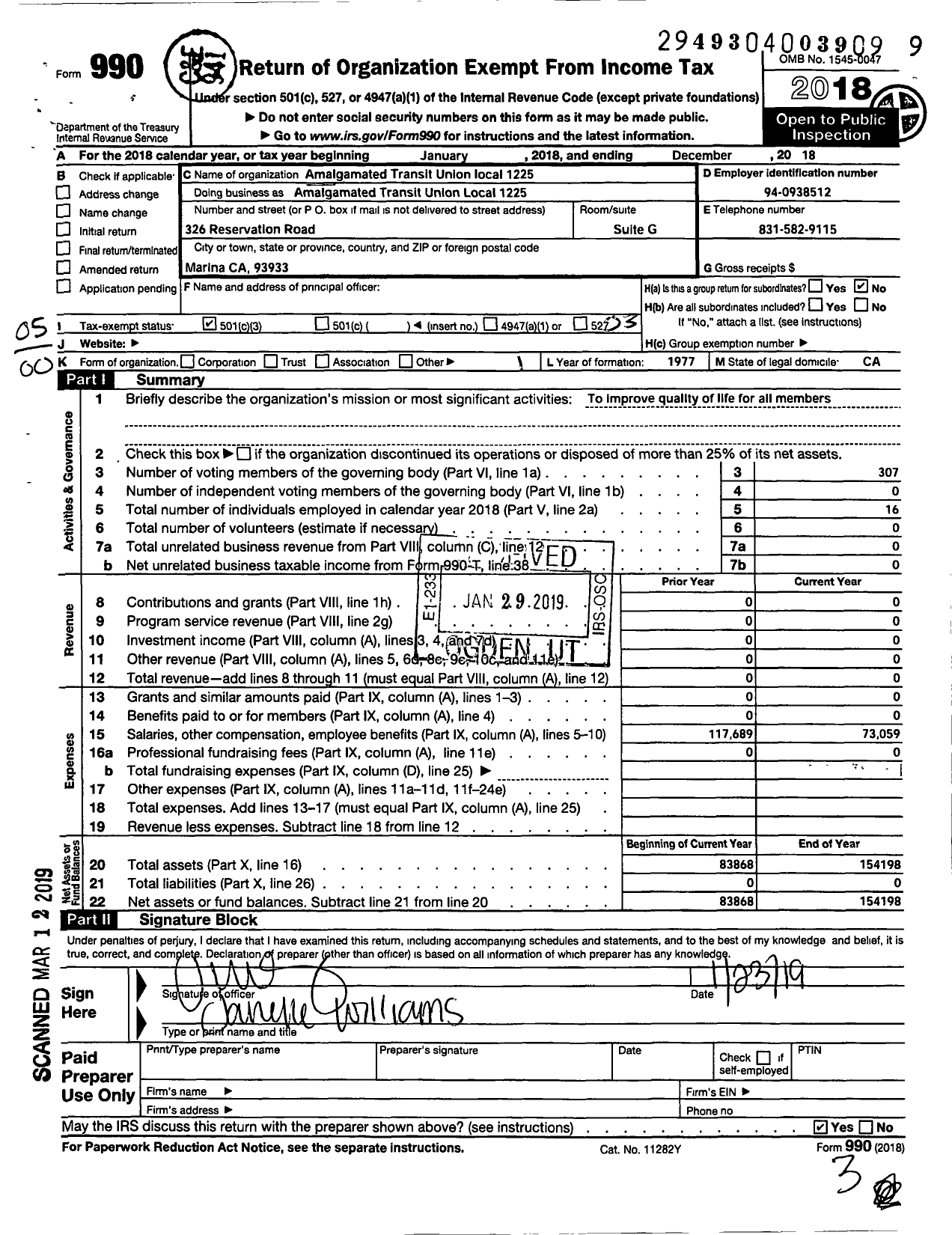 Image of first page of 2018 Form 990 for Amalgamated Transit Union - 1225 Local