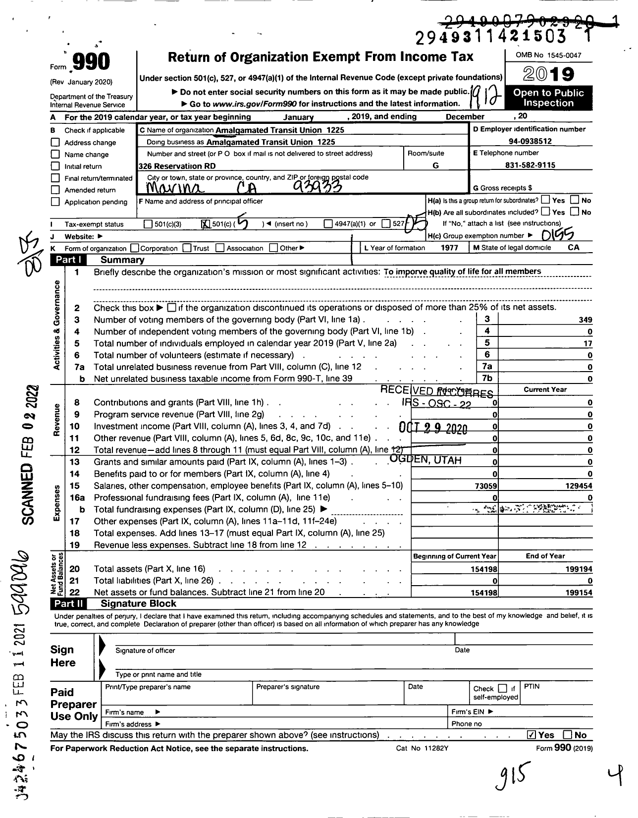 Image of first page of 2019 Form 990O for Amalgamated Transit Union - 1225 Local