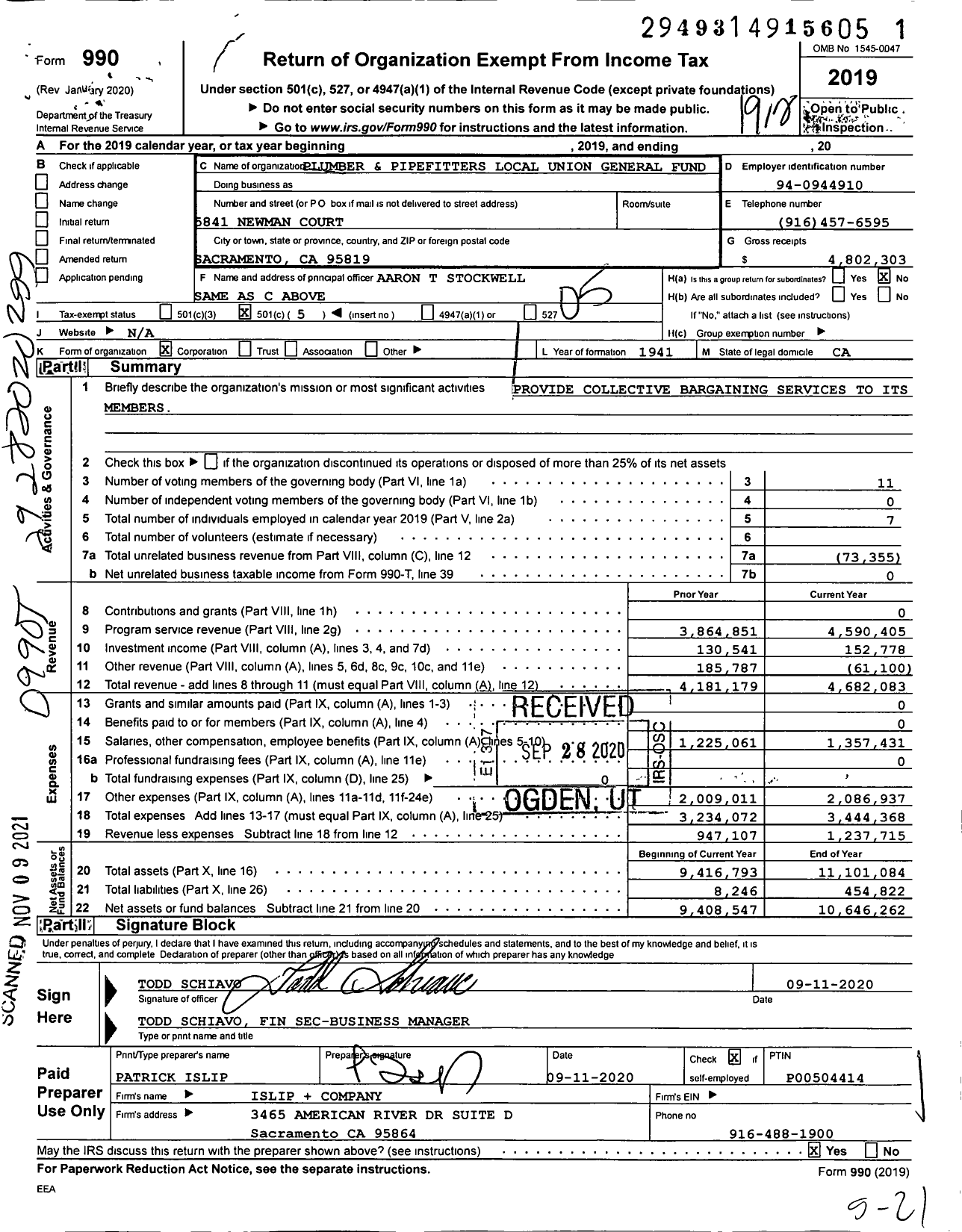 Image of first page of 2019 Form 990O for United Association - 447 PPF