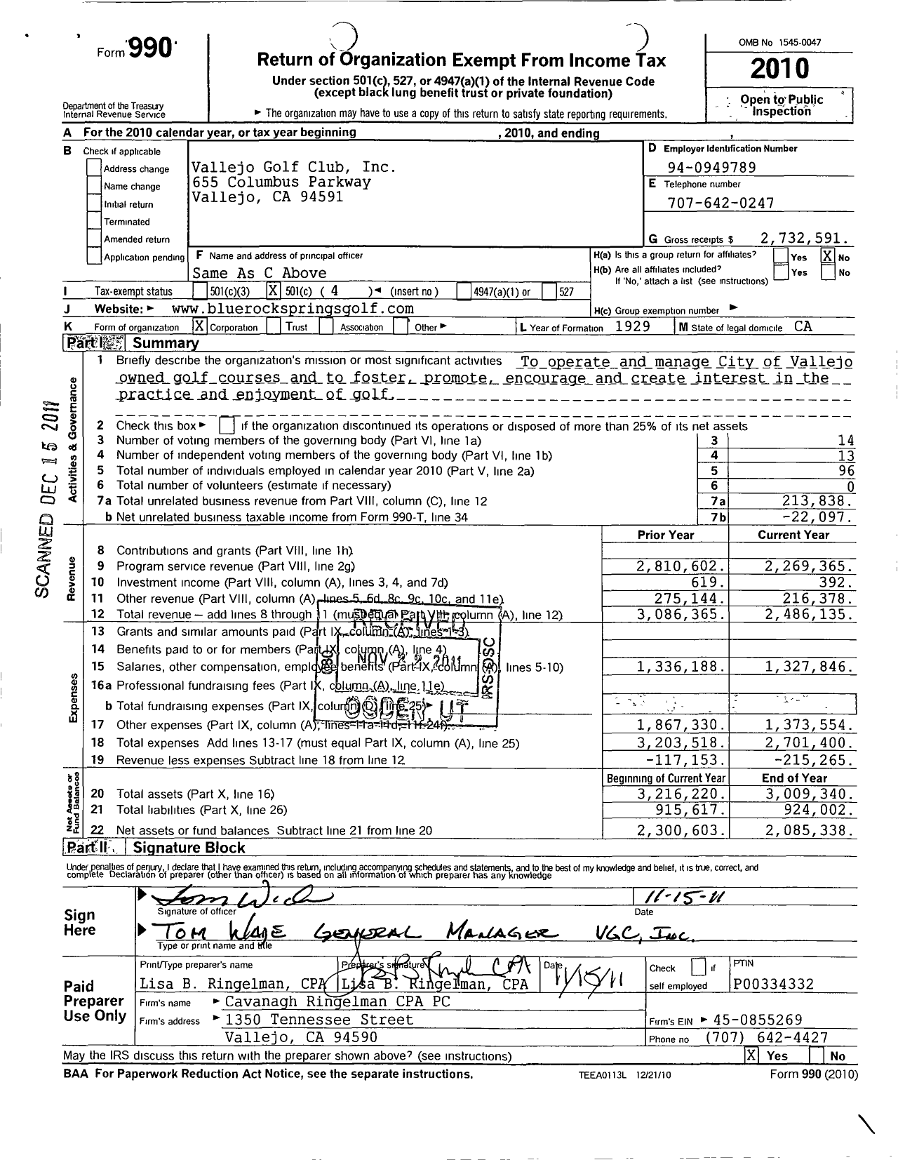 Image of first page of 2010 Form 990O for Vallejo Golf Club