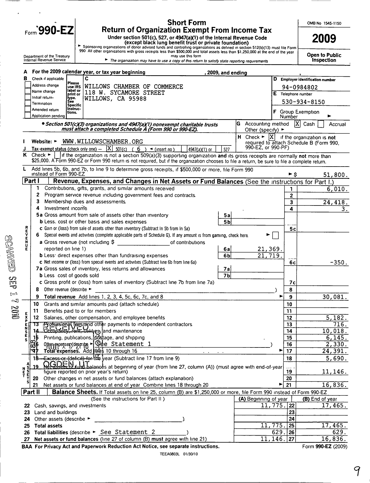 Image of first page of 2009 Form 990EO for Willows Chamber of Commerce