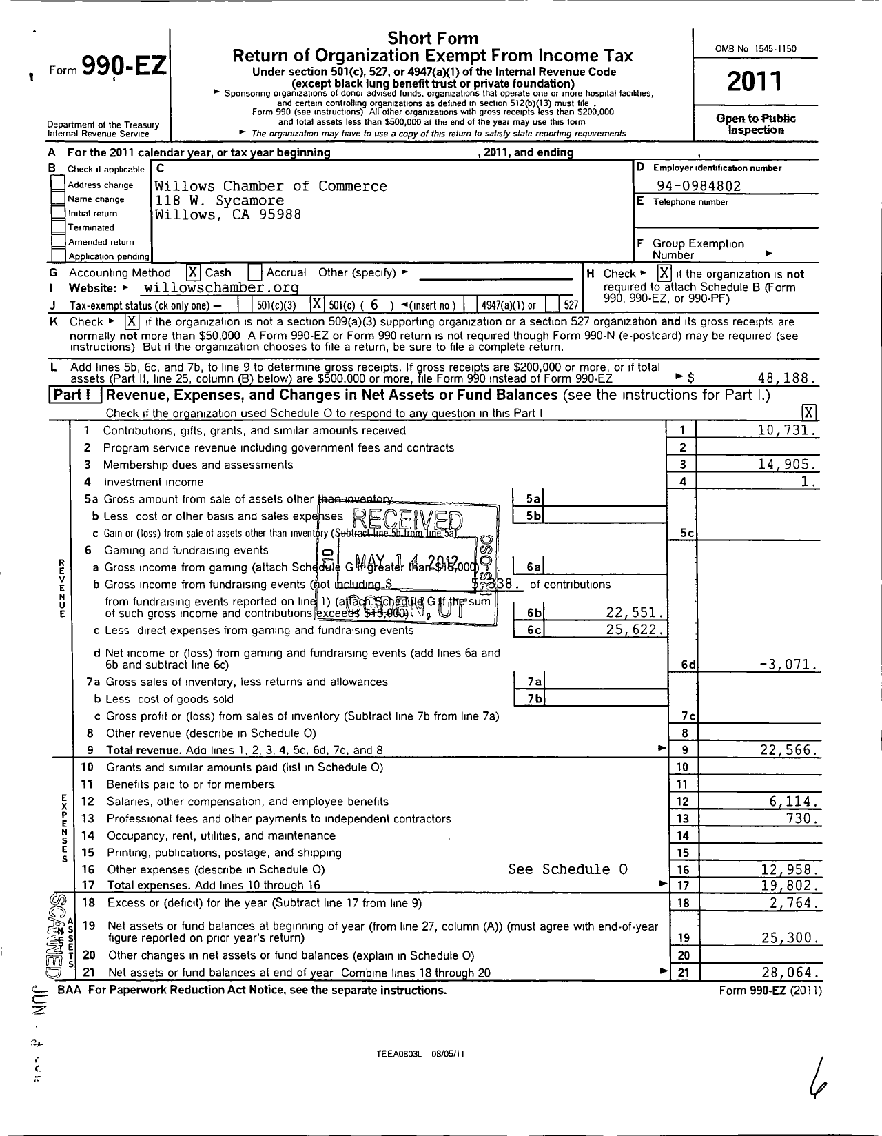 Image of first page of 2011 Form 990EO for Willows Chamber of Commerce