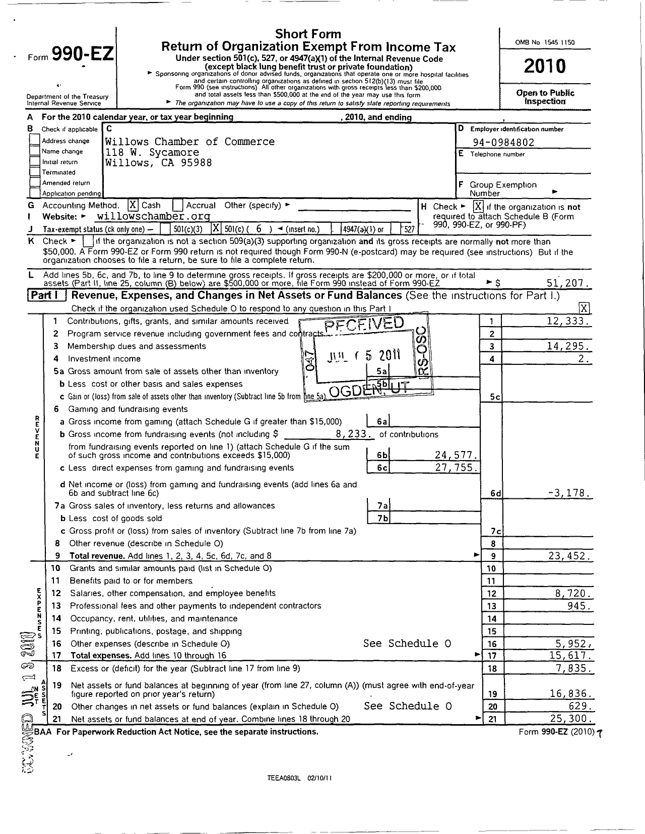 Image of first page of 2010 Form 990EO for Willows Chamber of Commerce