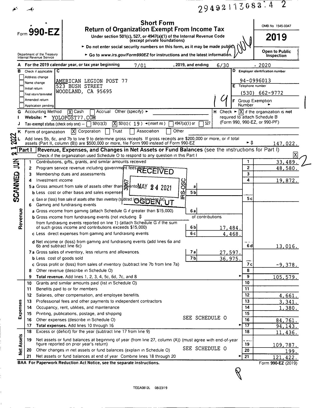 Image of first page of 2019 Form 990EO for American Legion - 77 Yolo Ca Post