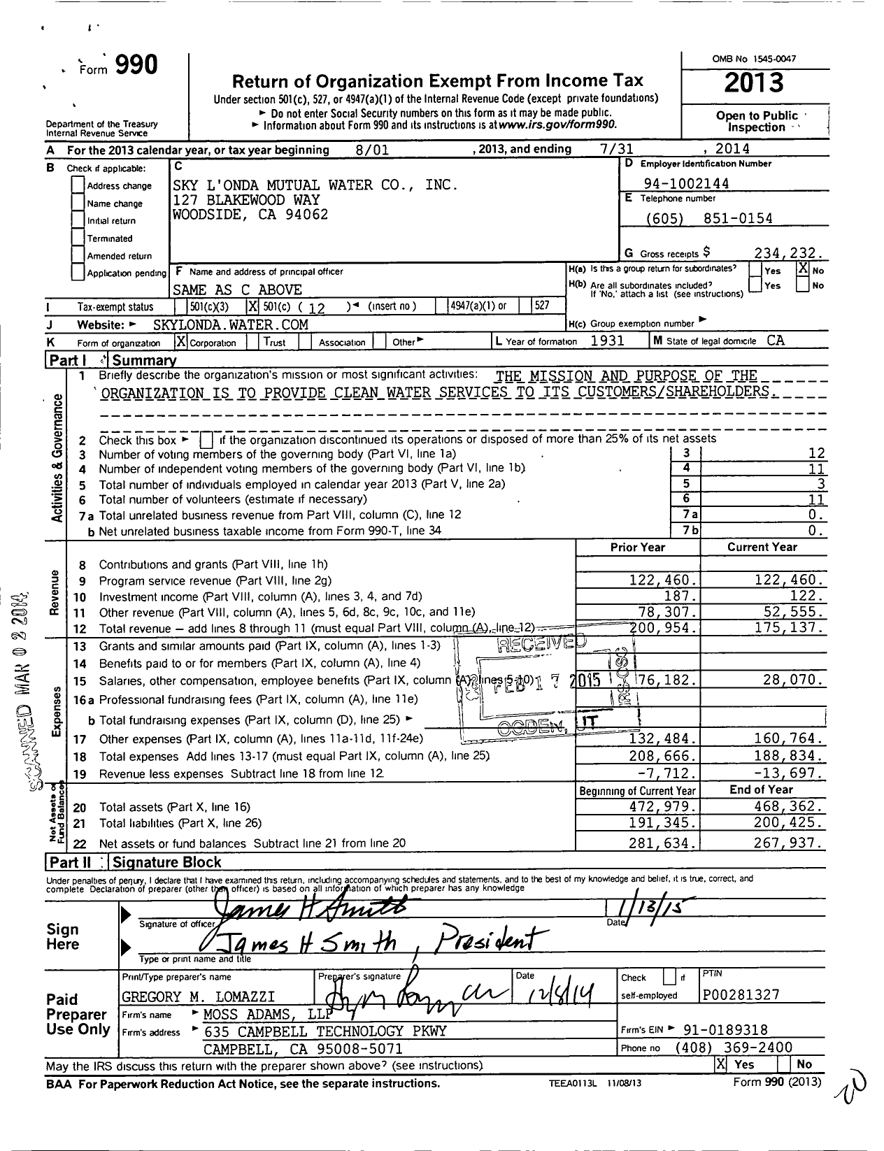 Image of first page of 2013 Form 990O for Sky Londa Mutual Water