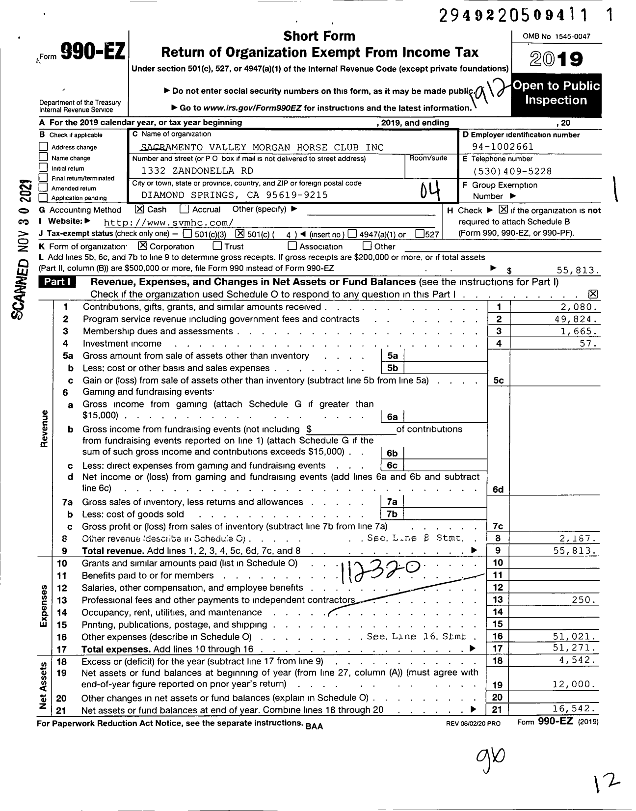 Image of first page of 2019 Form 990EO for Sacramento Valley Morgan Horse Club