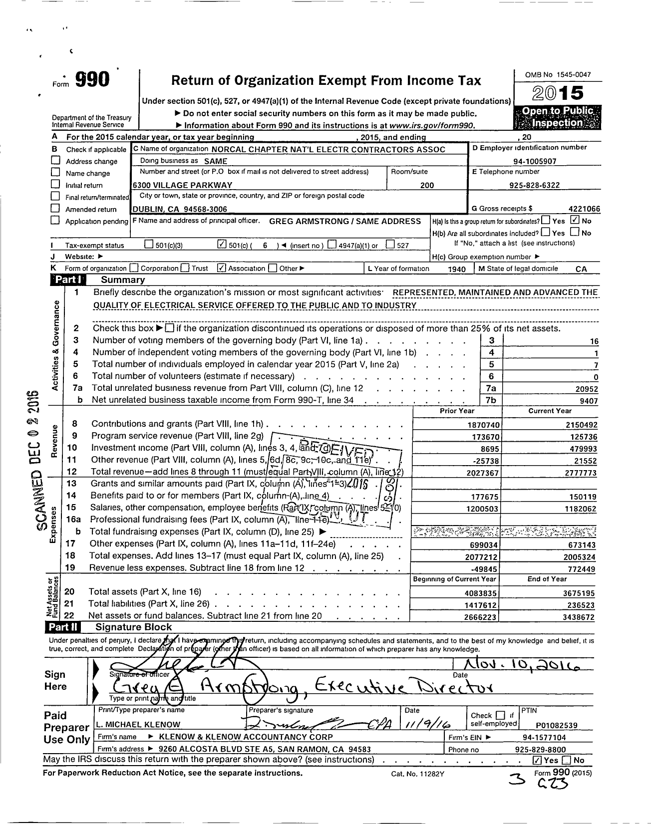 Image of first page of 2015 Form 990O for Norcal Chapter National Electrical Contractors Association