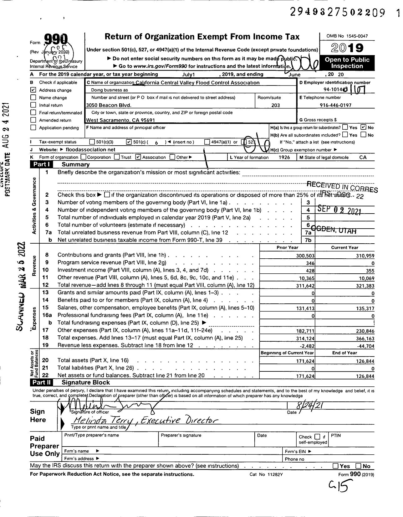 Image of first page of 2019 Form 990O for California Central Valley Flood Control Association