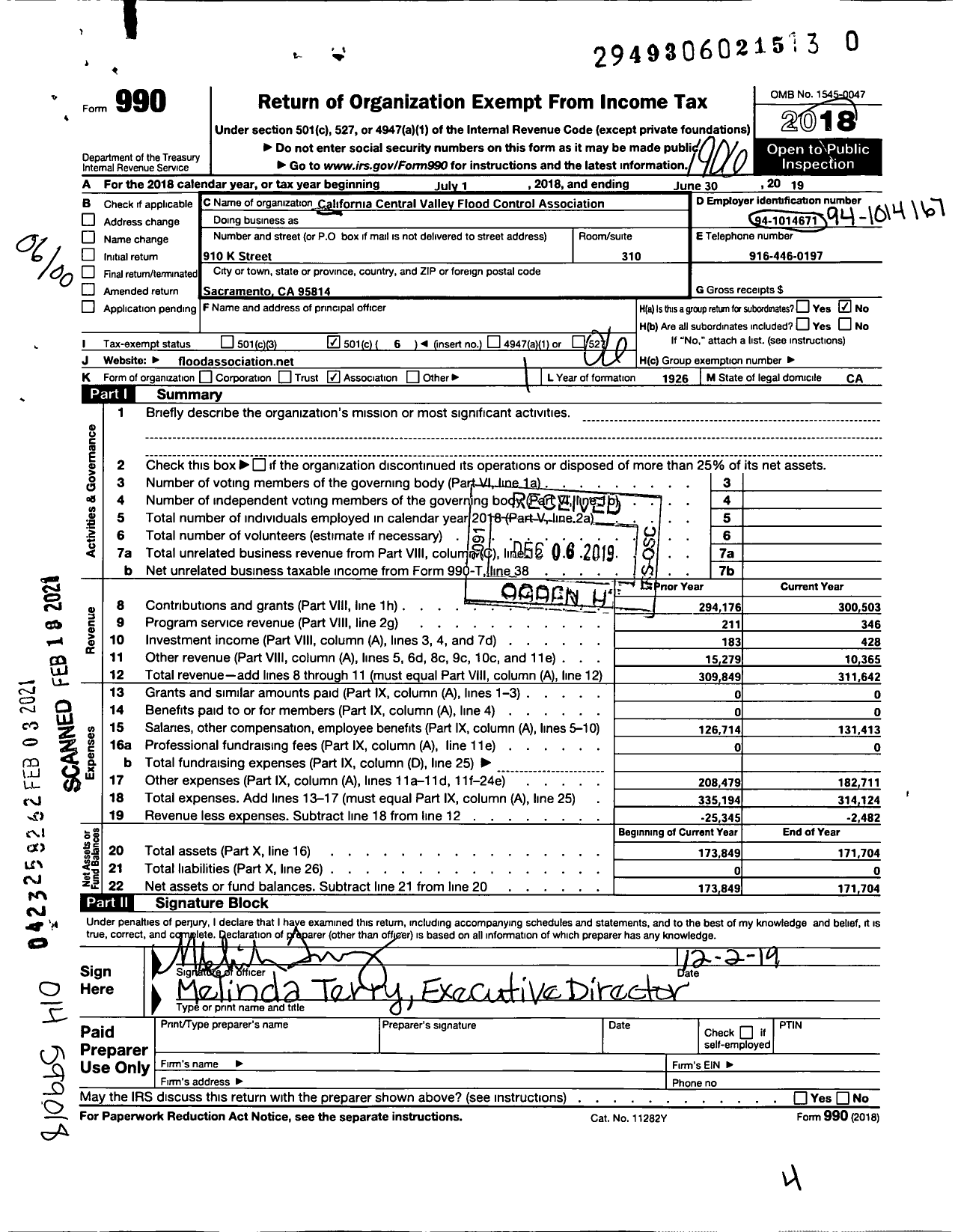 Image of first page of 2018 Form 990O for California Central Valley Flood Control Association