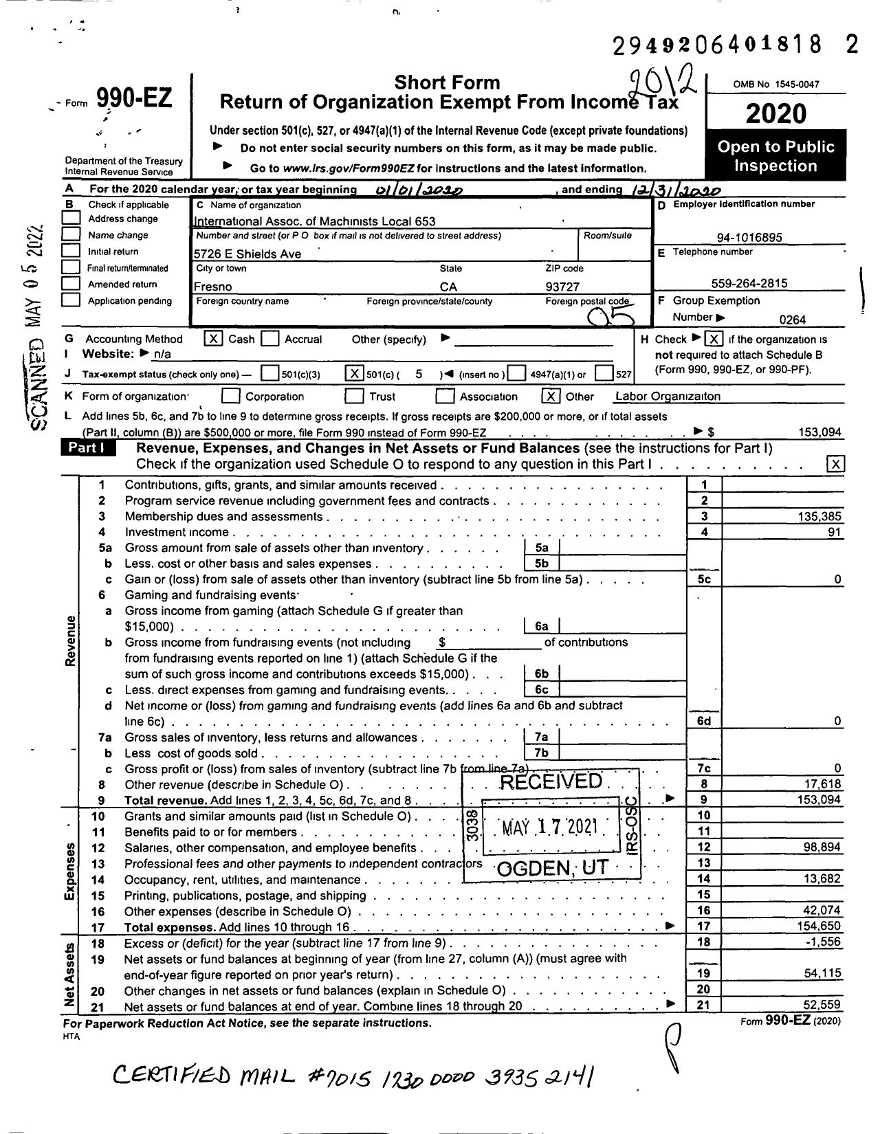 Image of first page of 2020 Form 990EO for International Association of Machinists and Aerospace Workers - 653