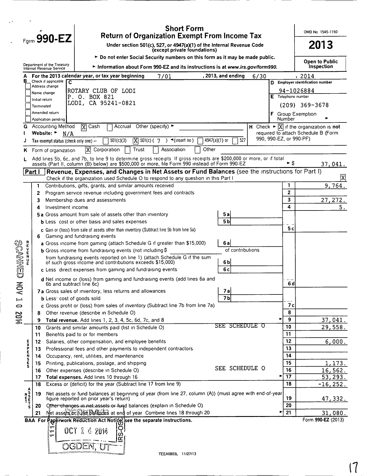 Image of first page of 2013 Form 990EO for Rotary International - Lodi Rotary Club