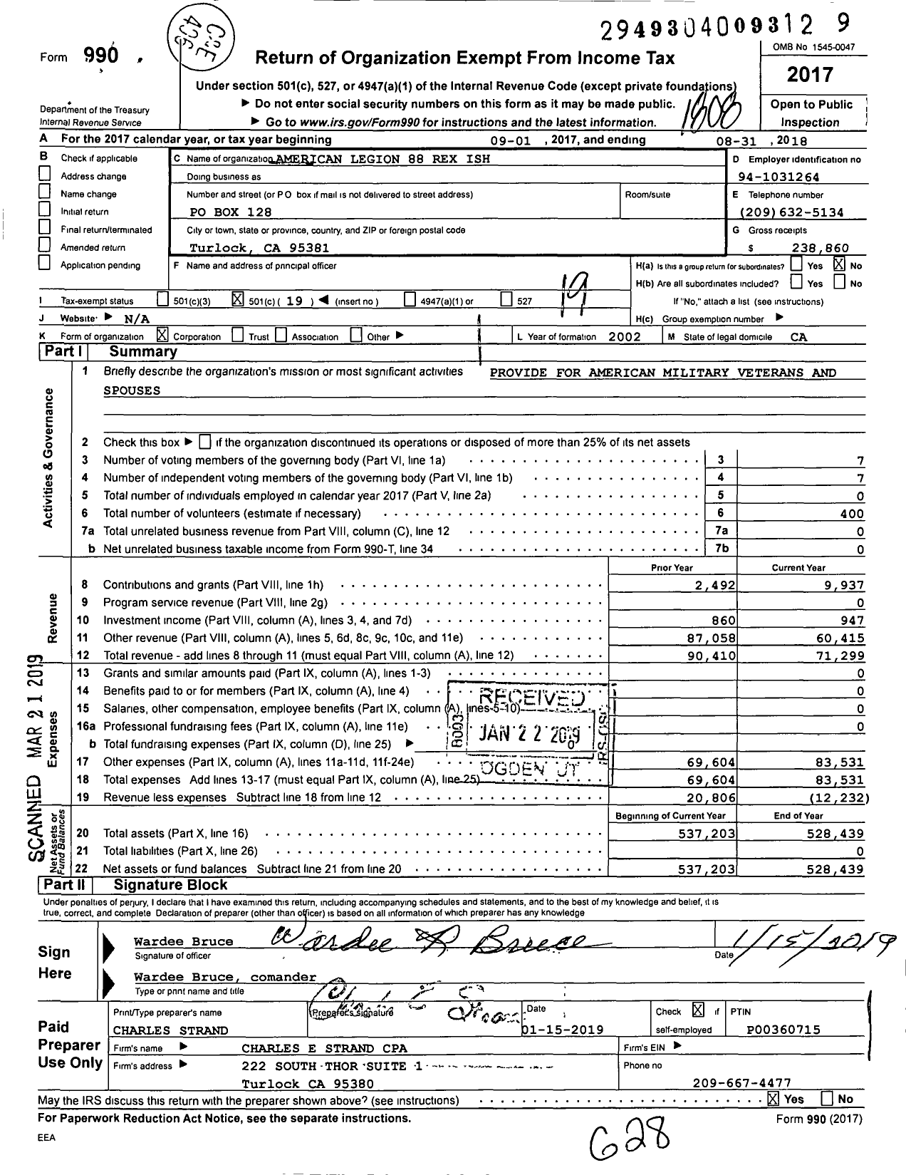 Image of first page of 2017 Form 990O for American Legion - 88 Rex Ish