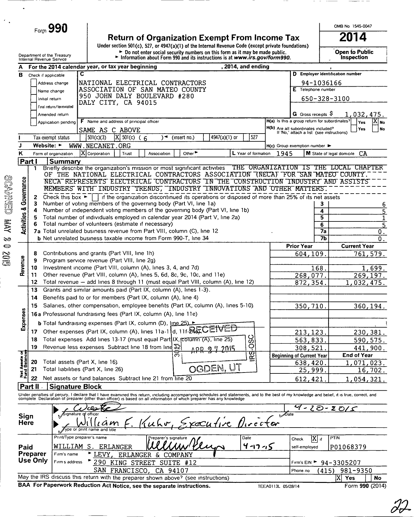 Image of first page of 2014 Form 990O for National Electrical Contractors Association of San Mateo County