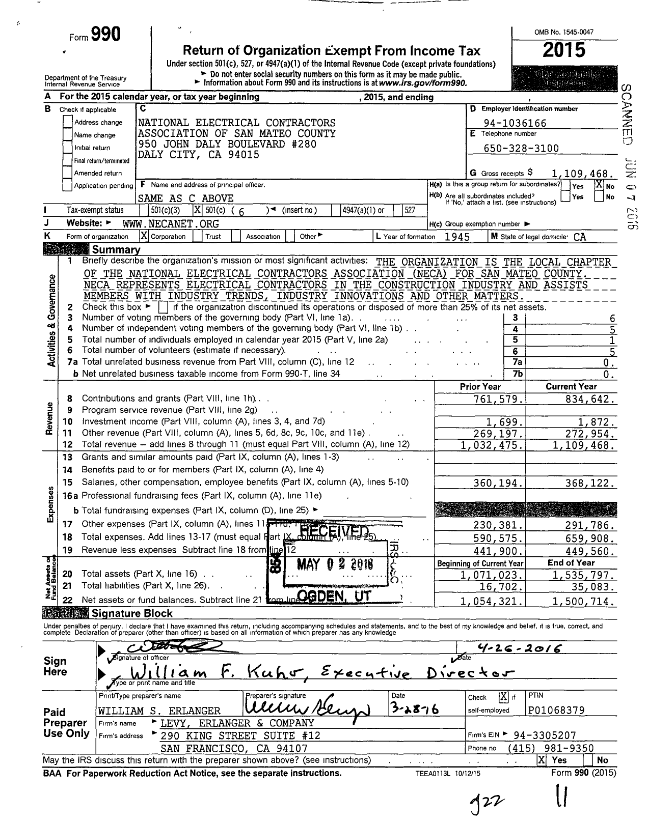 Image of first page of 2015 Form 990O for National Electrical Contractors Association of San Mateo County