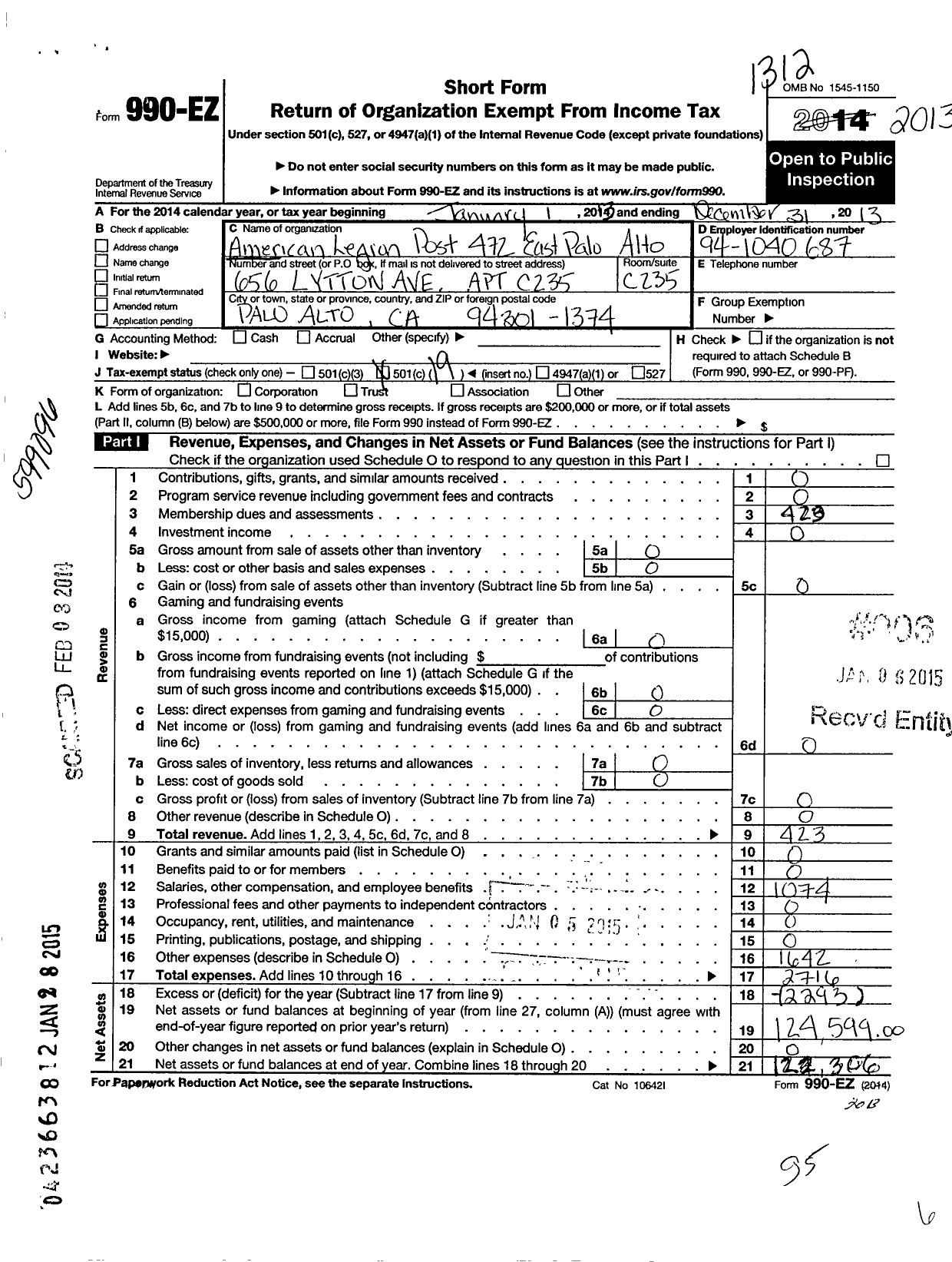 Image of first page of 2013 Form 990EO for American Legion - 472
