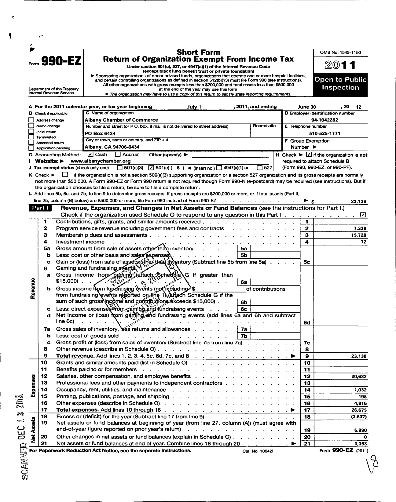 Image of first page of 2011 Form 990EO for Albany Chamber of Commerce