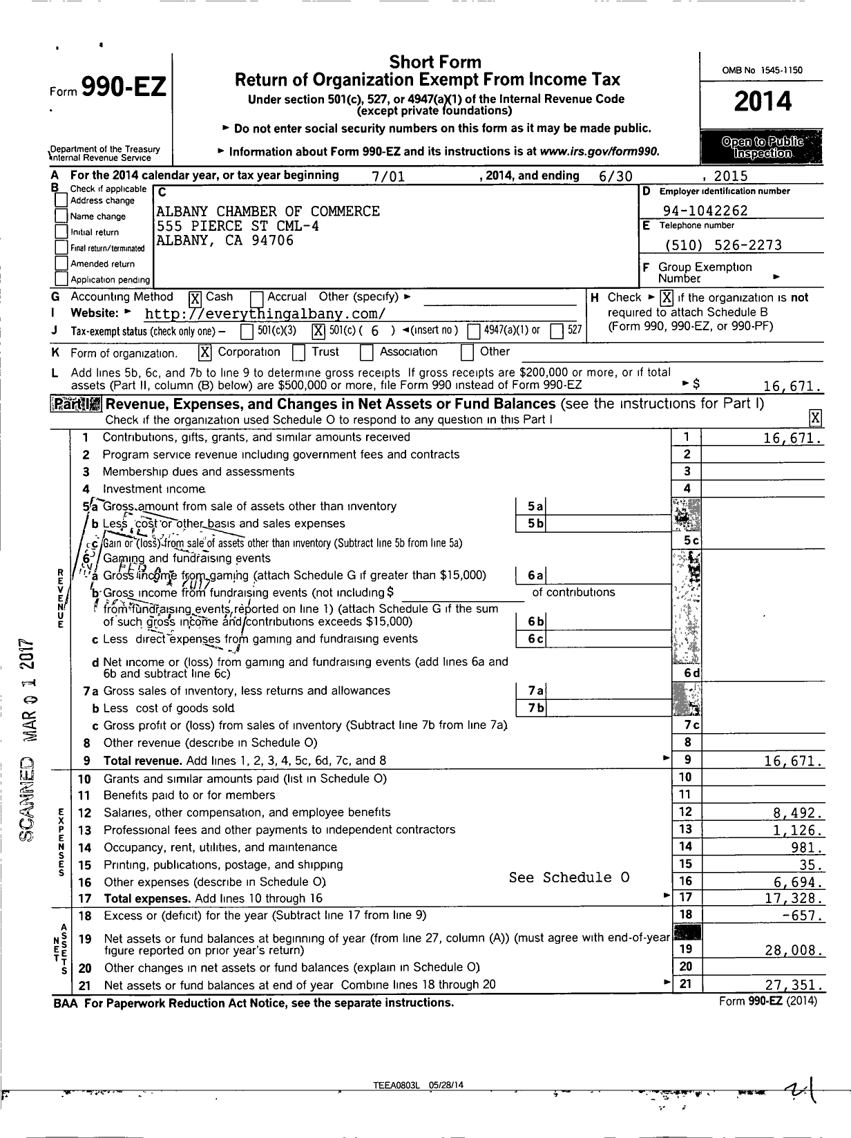 Image of first page of 2014 Form 990EO for Albany Chamber of Commerce