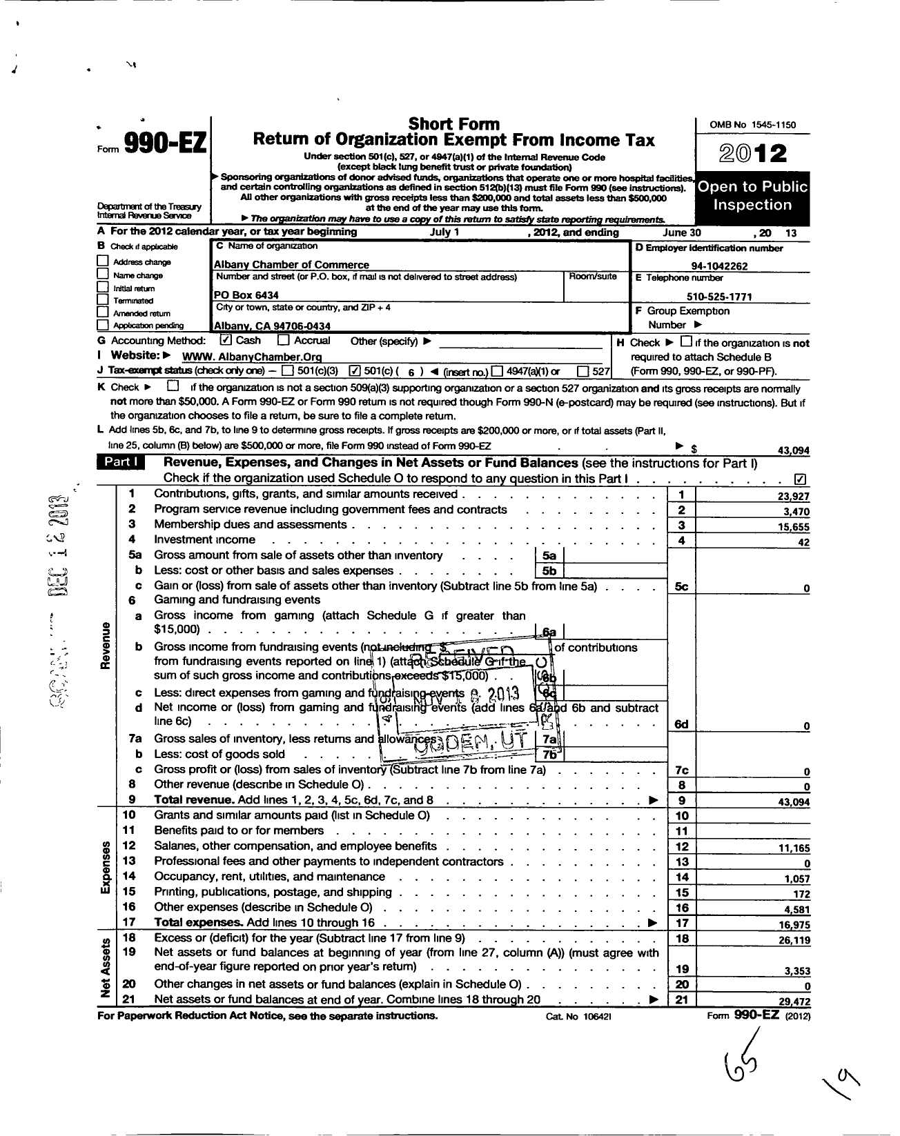 Image of first page of 2012 Form 990EO for Albany Chamber of Commerce