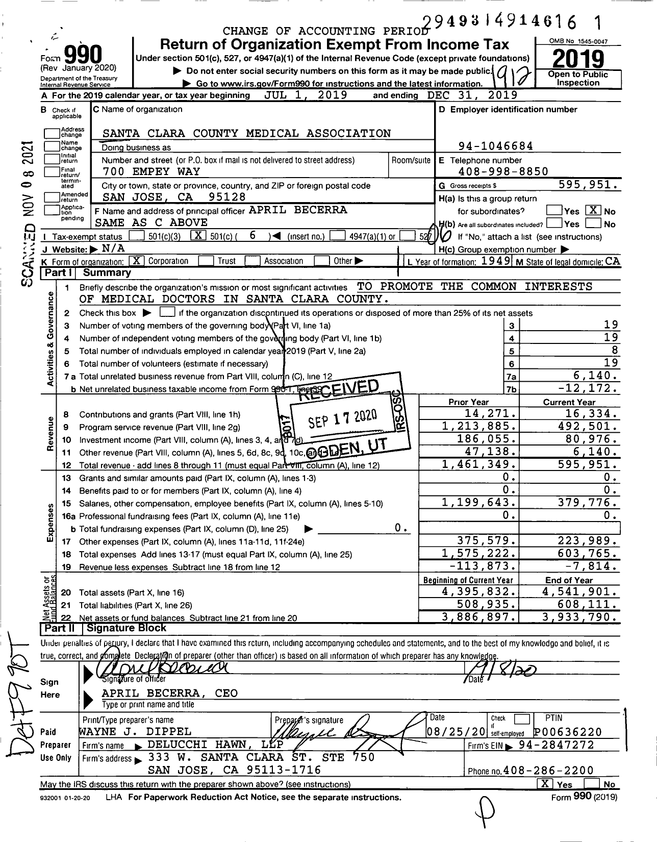 Image of first page of 2019 Form 990O for Santa Clara County Medical Association (SCCMA)