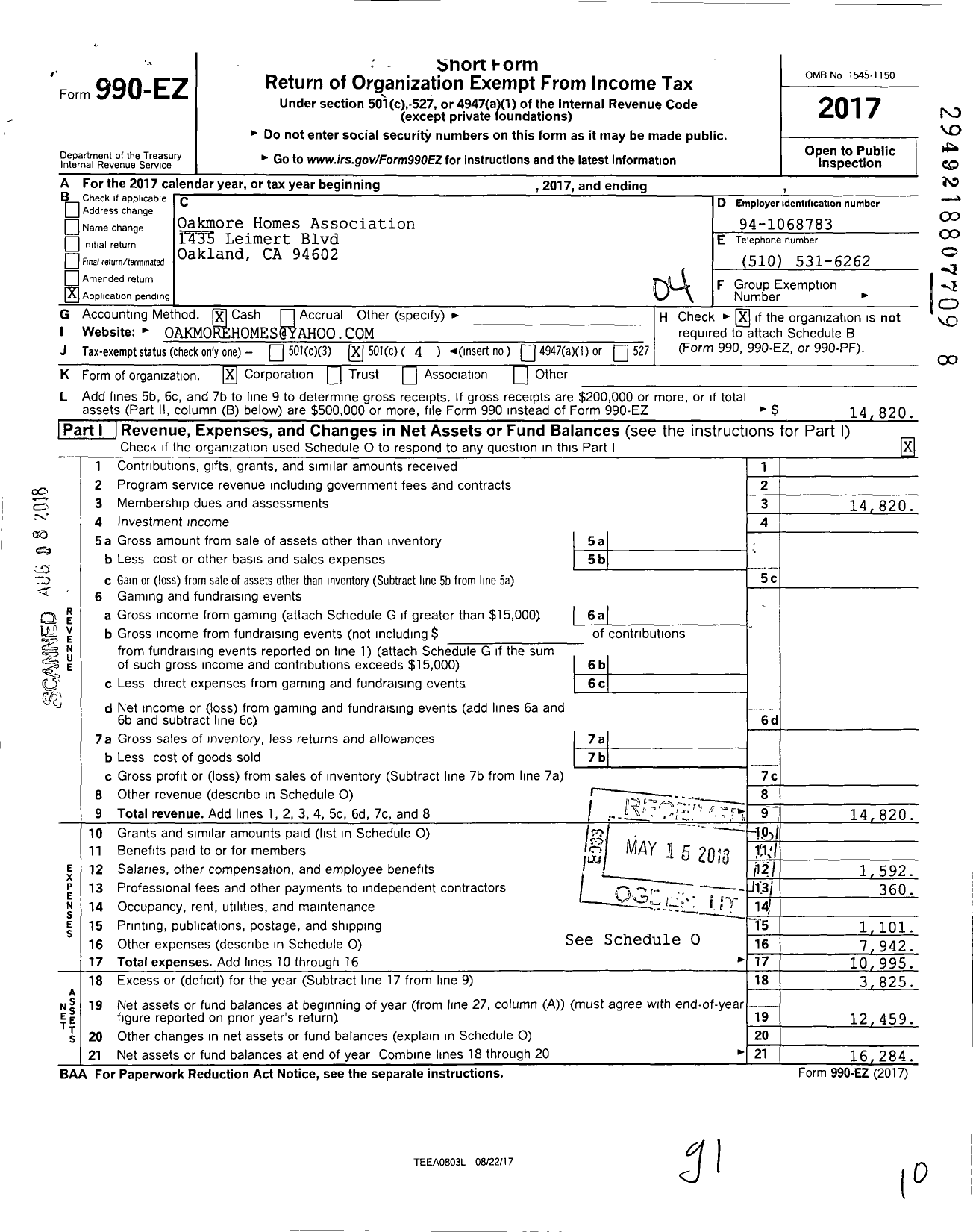 Image of first page of 2017 Form 990EO for Oakmore Homes Association