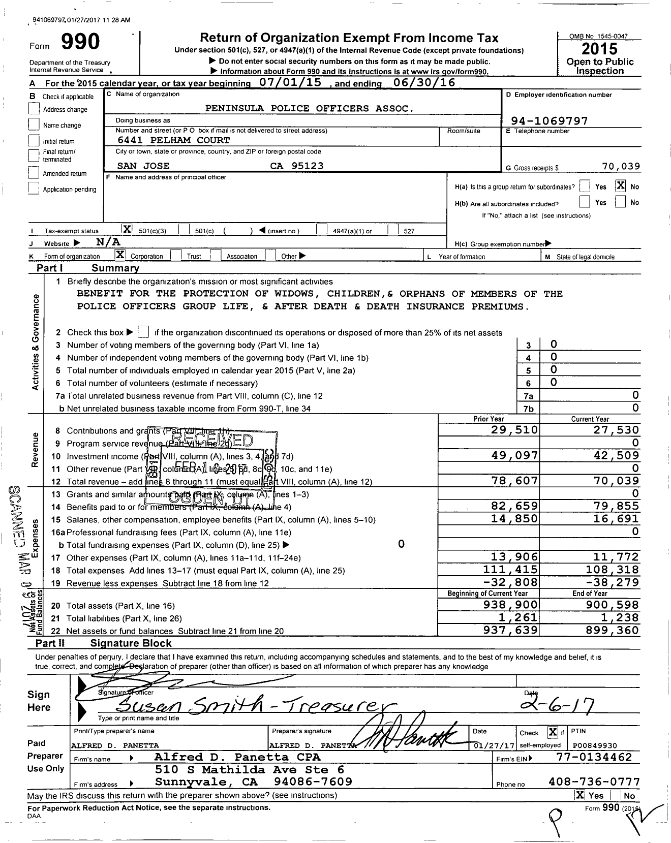 Image of first page of 2015 Form 990 for Peninsula Police Officers Association