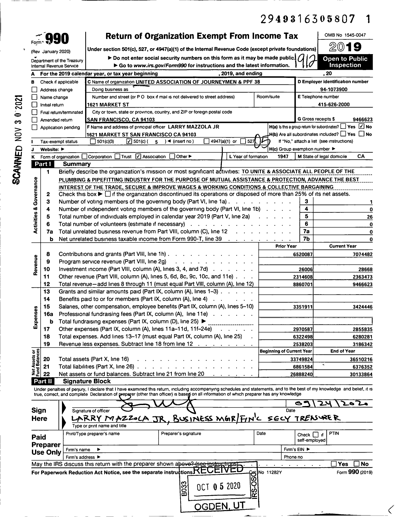 Image of first page of 2019 Form 990O for United Association - 38 PPF
