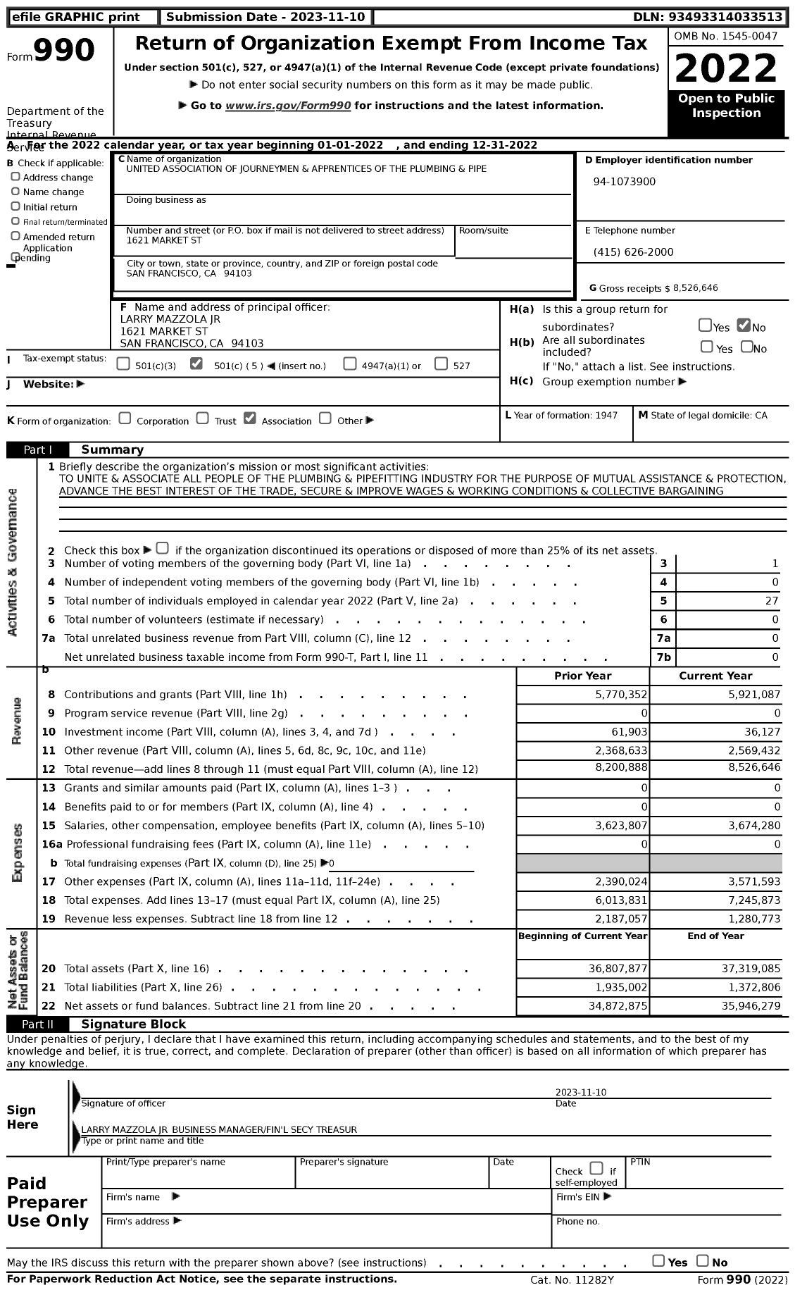 Image of first page of 2022 Form 990 for United Association - 38 PPF