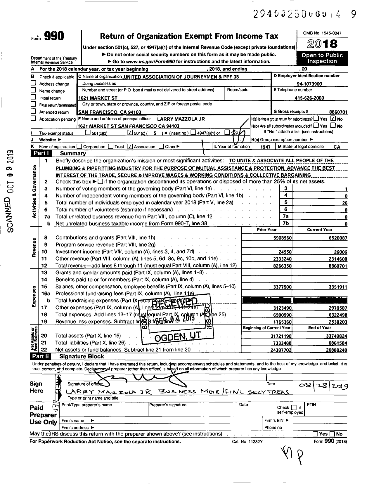 Image of first page of 2018 Form 990O for United Association - 38 PPF