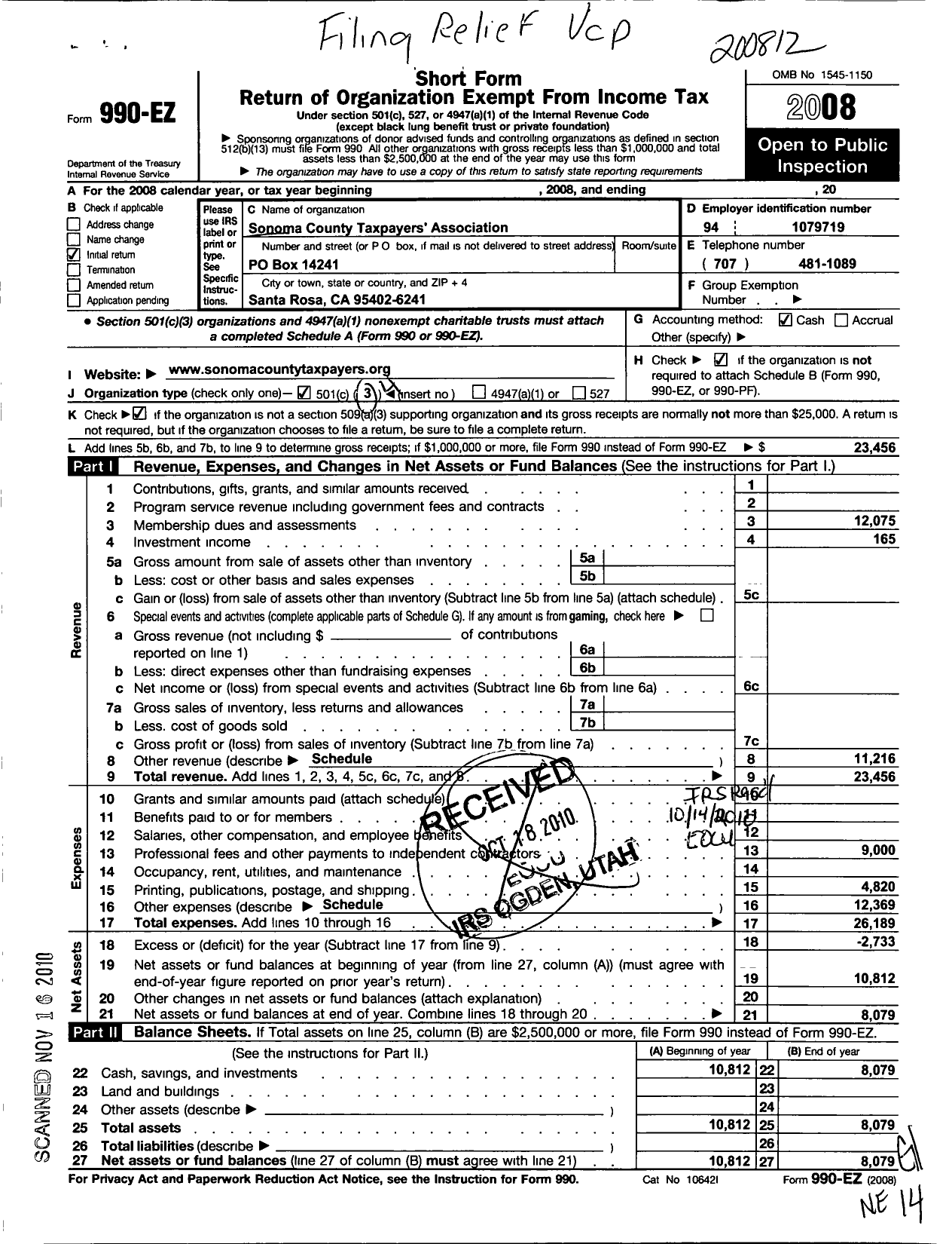 Image of first page of 2008 Form 990EO for Sonoma County Taxpayers Association Incorp