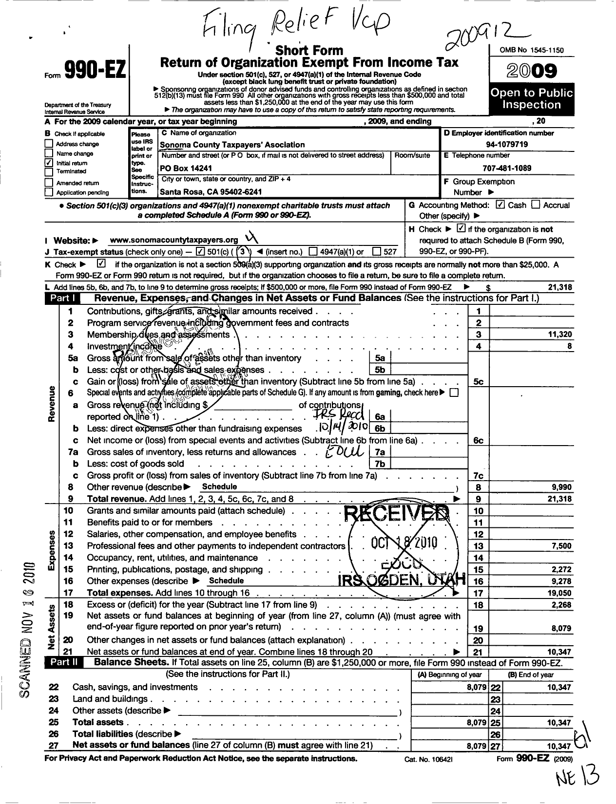 Image of first page of 2009 Form 990EO for Sonoma County Taxpayers Association Incorp