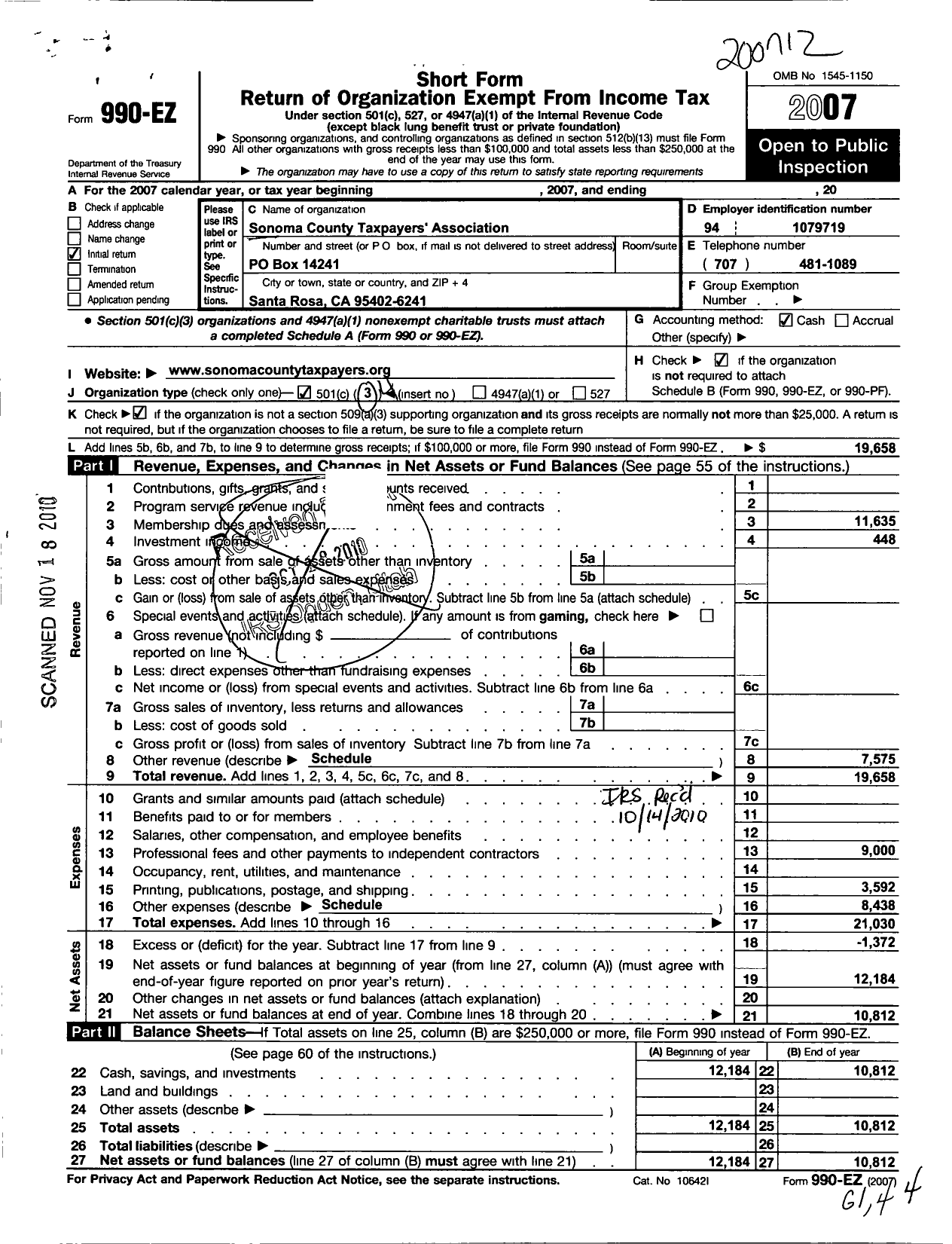 Image of first page of 2007 Form 990EO for Sonoma County Taxpayers Association Incorp