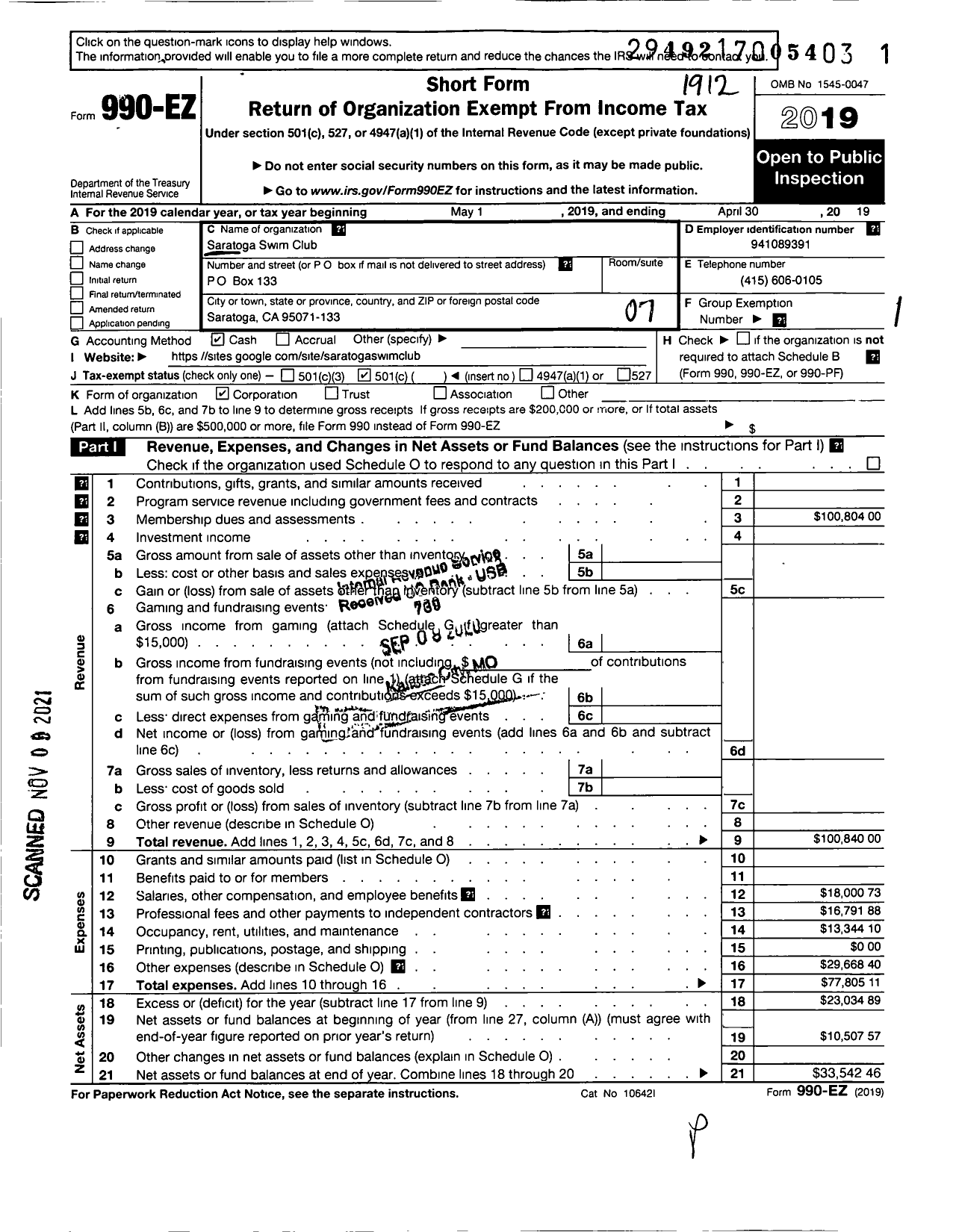 Image of first page of 2019 Form 990EO for Saratoga Swim Club