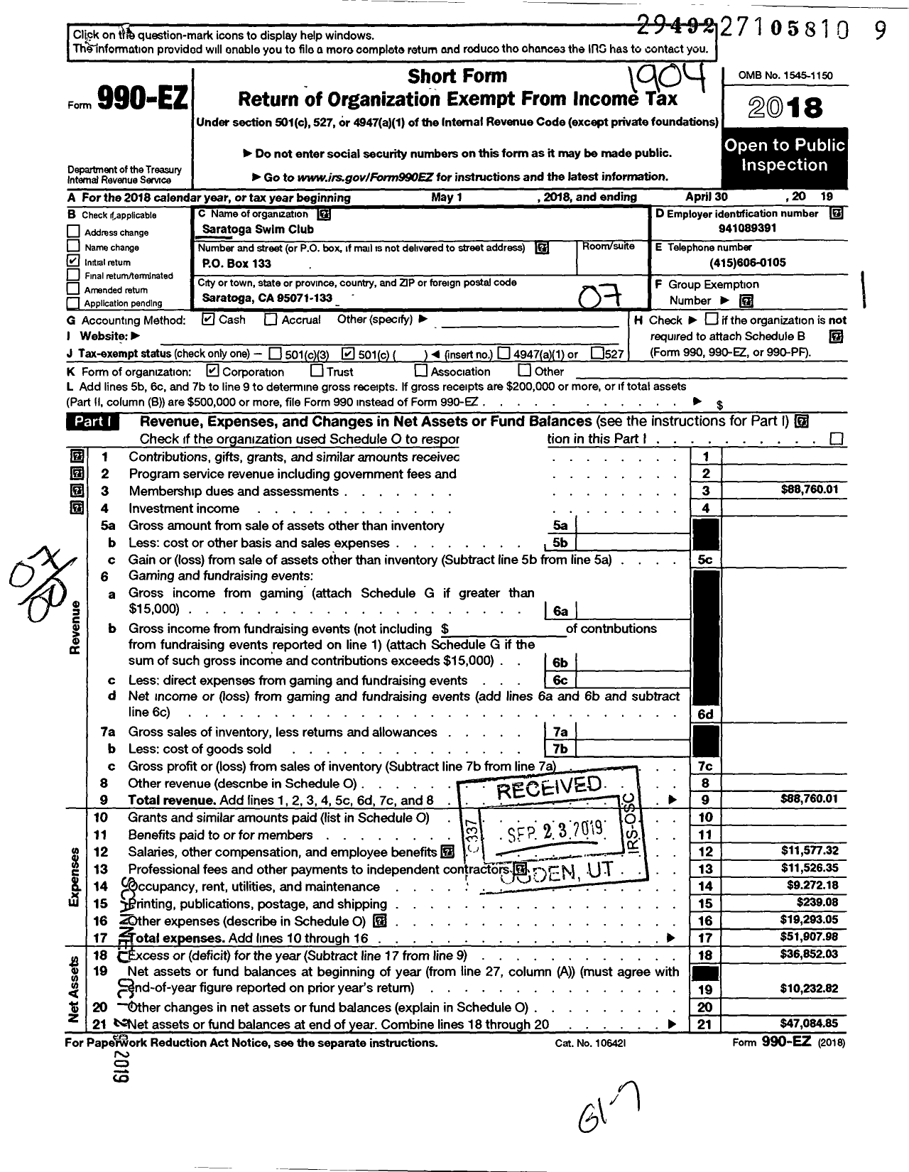 Image of first page of 2018 Form 990EO for Saratoga Swim Club