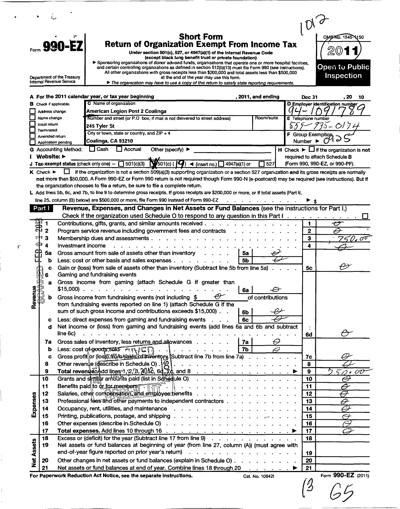 Image of first page of 2010 Form 990EO for Fresno Veterans Home Post No 2 the American Legion Dept of California