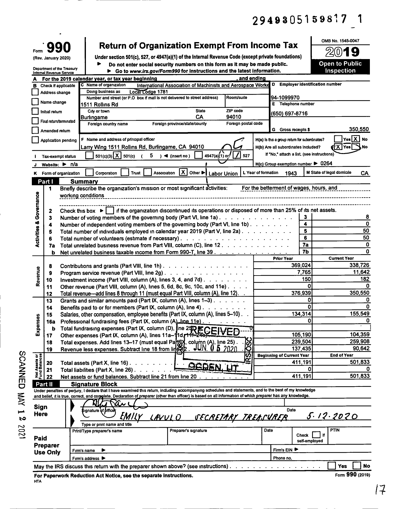 Image of first page of 2019 Form 990O for International Association of Machinists and Aerospace Workers - IAMAW Local Lodge 1781