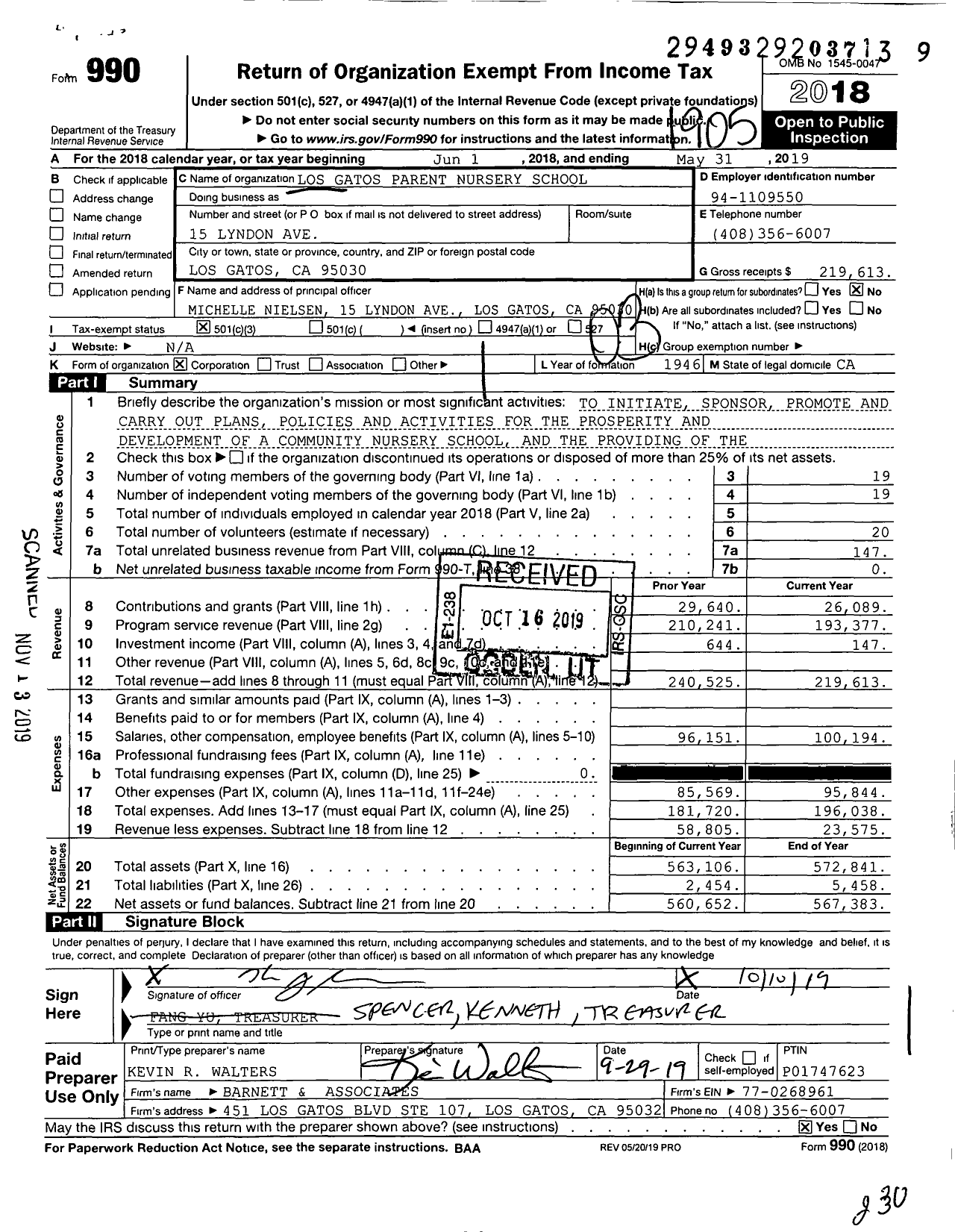 Image of first page of 2018 Form 990 for Los Gatos Parent Nursery School