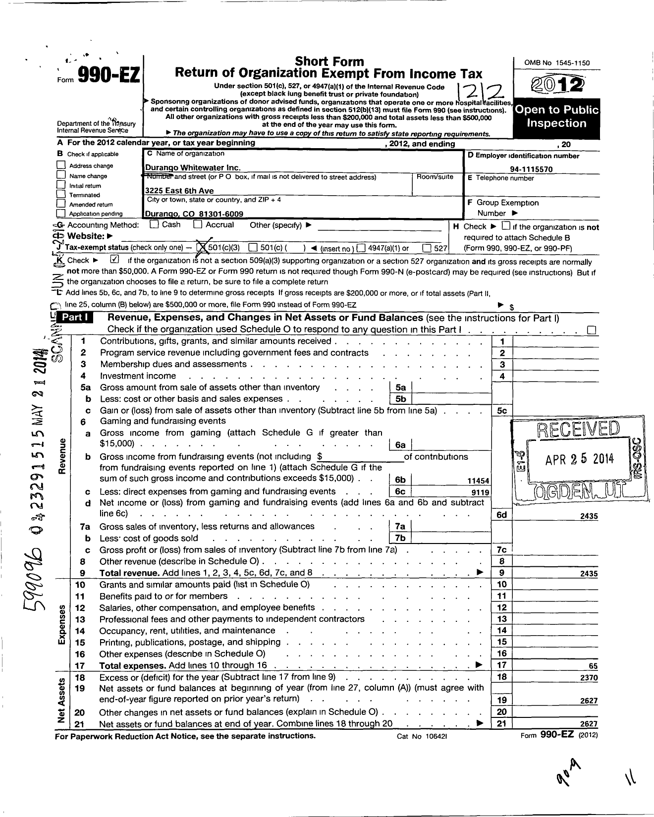 Image of first page of 2012 Form 990EZ for Durango Whitewater