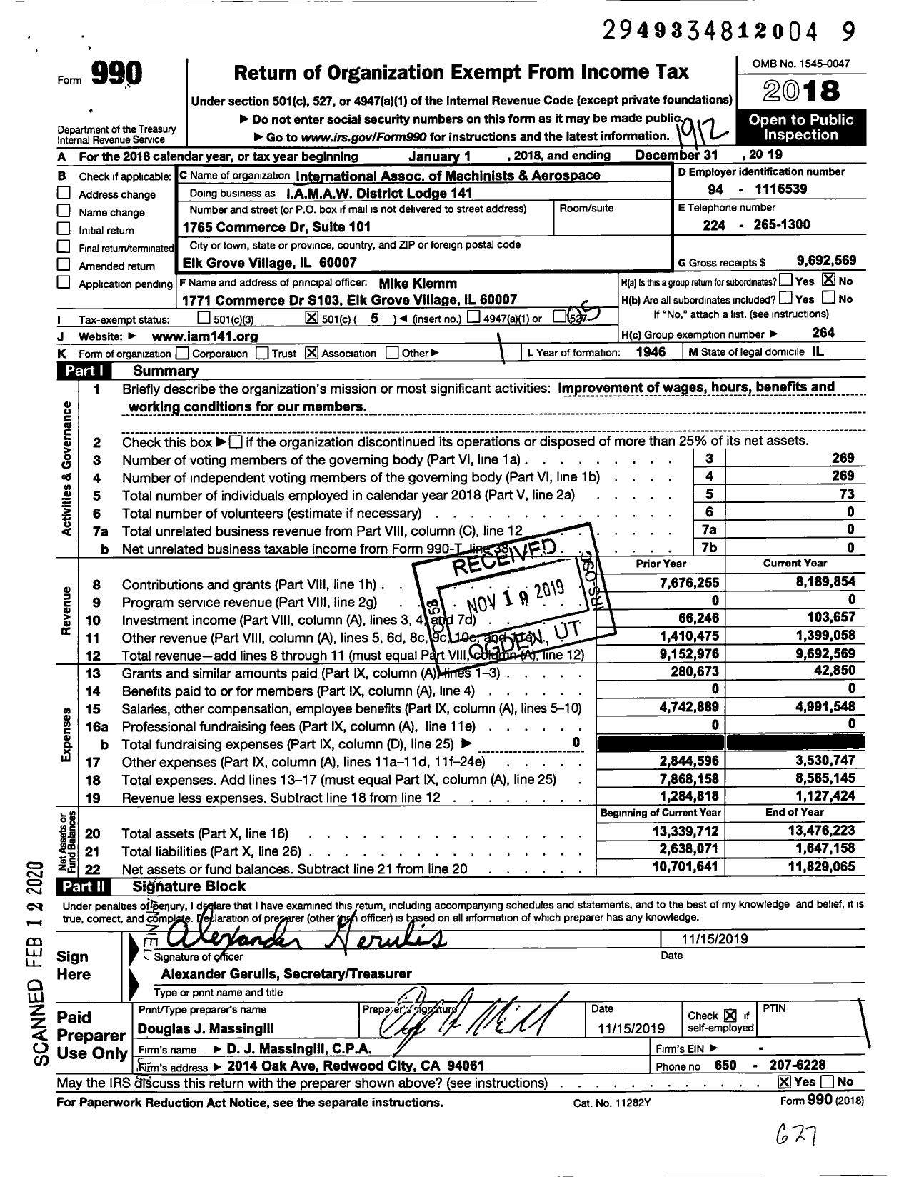 Image of first page of 2019 Form 990O for International Association of Machinists and Aerospace Workers - IAMAW District Lodge 141