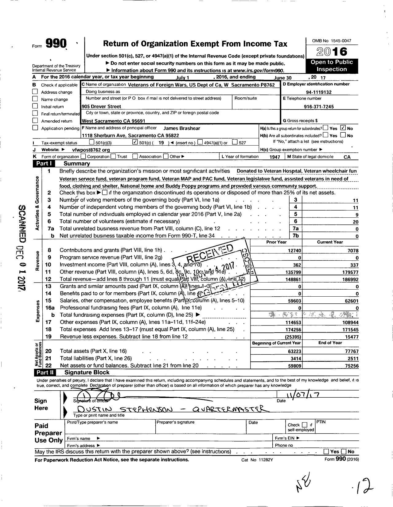 Image of first page of 2016 Form 990O for VFW California Department - P8762 West Sacramento