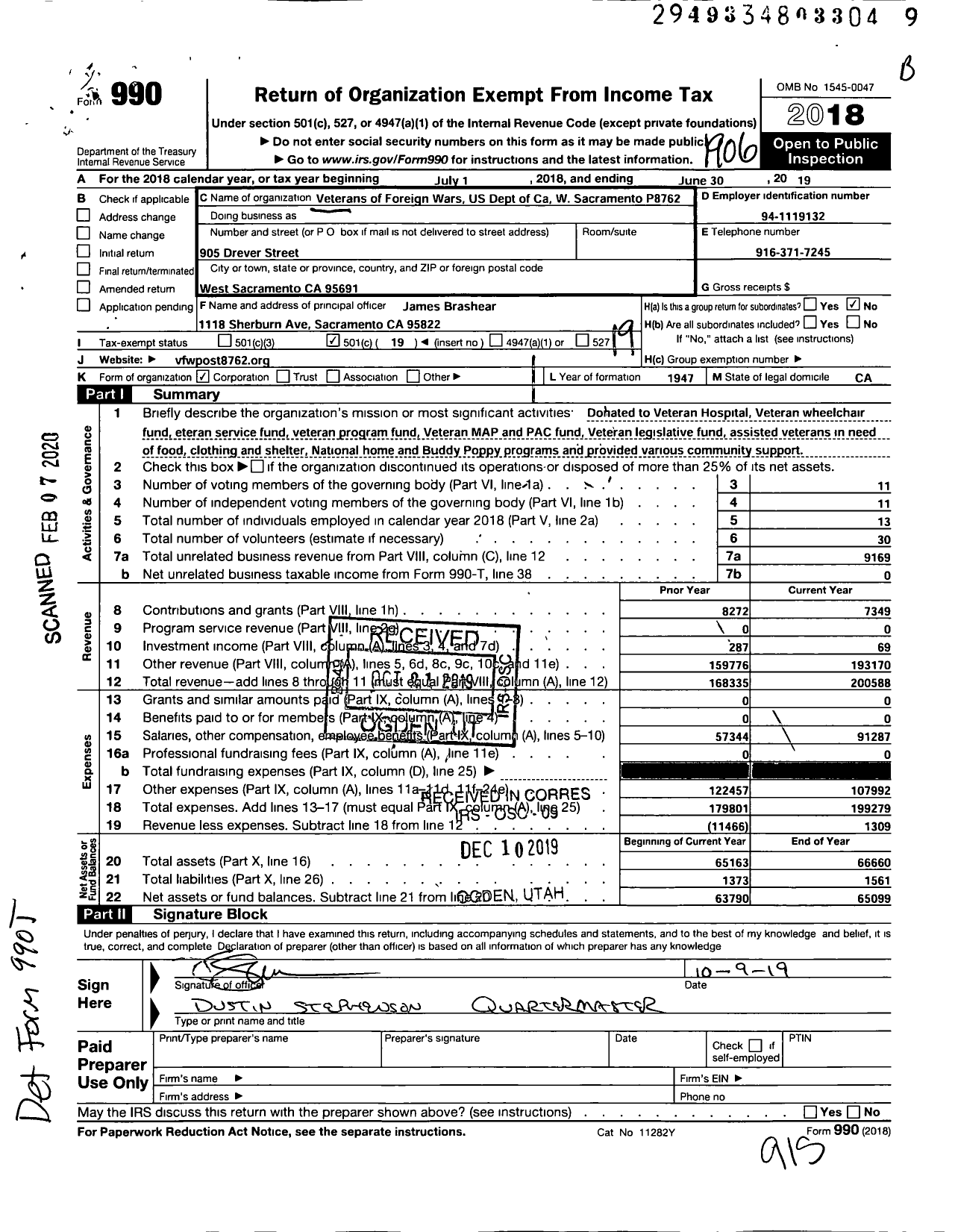 Image of first page of 2018 Form 990O for VFW California Department - P8762 West Sacramento