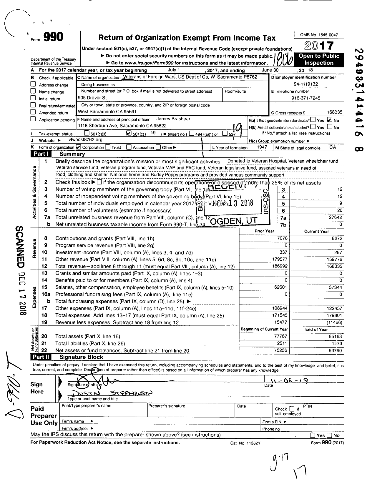 Image of first page of 2017 Form 990O for VFW California Department - P8762 West Sacramento