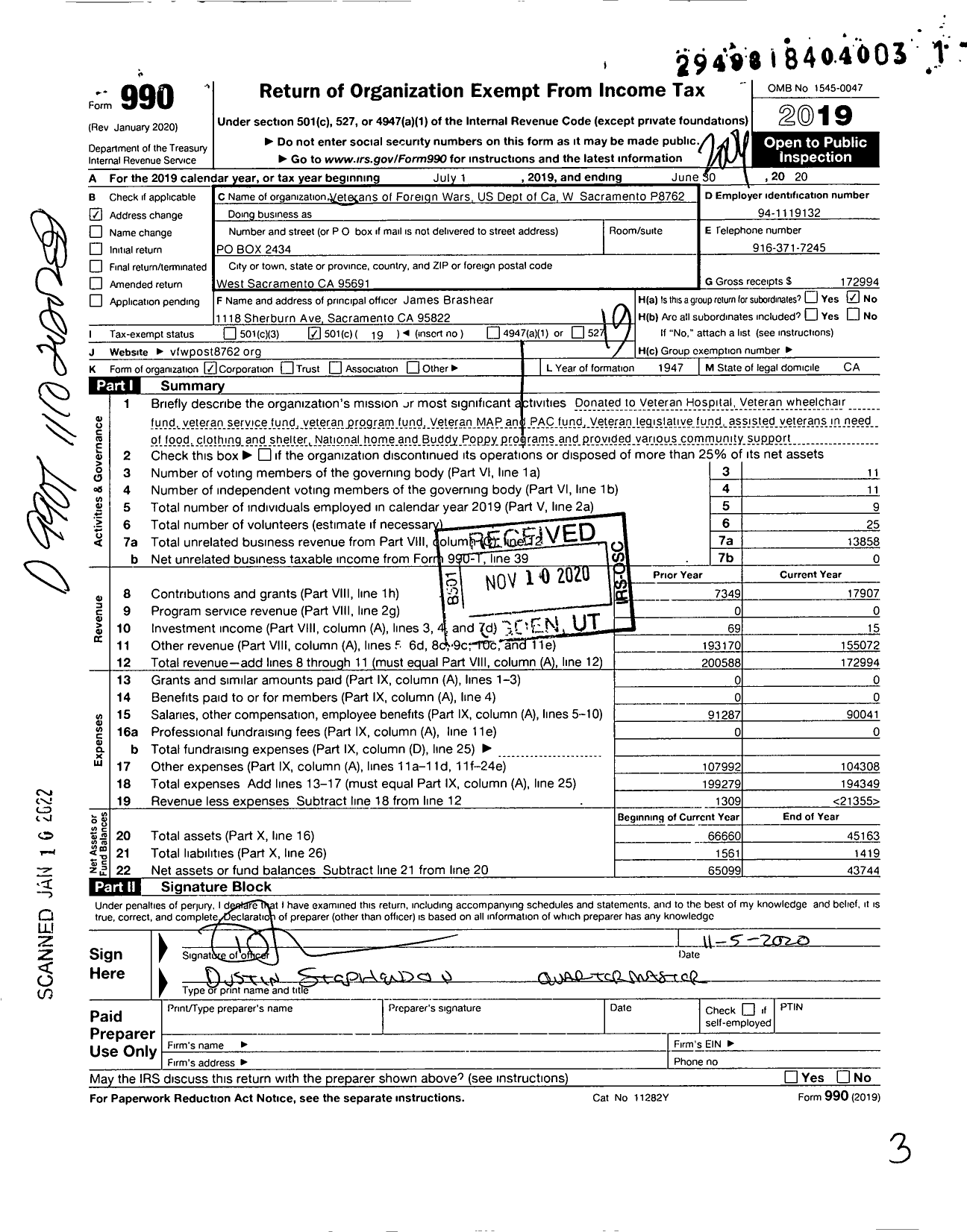 Image of first page of 2019 Form 990O for VFW California Department - P8762 West Sacramento