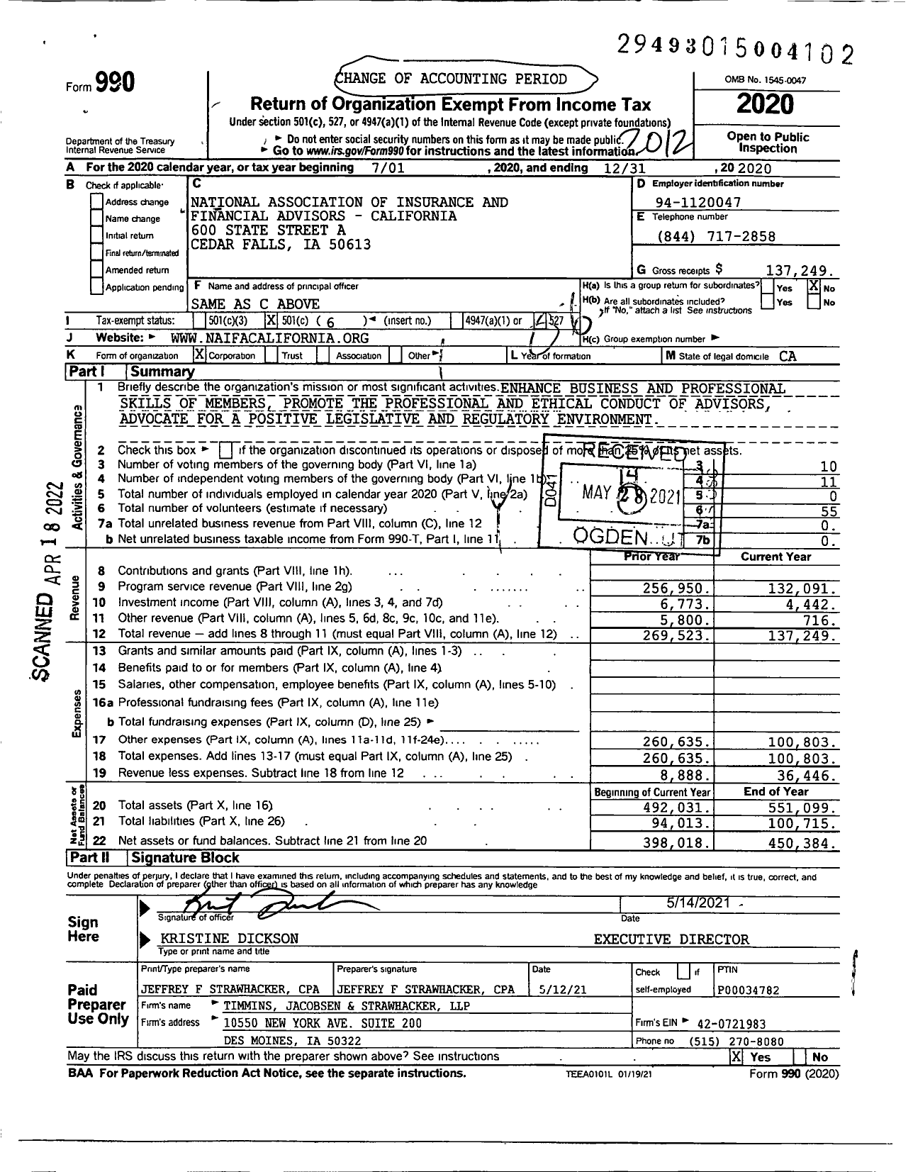 Image of first page of 2020 Form 990O for National Association of Insurance and Financial Advisors - California