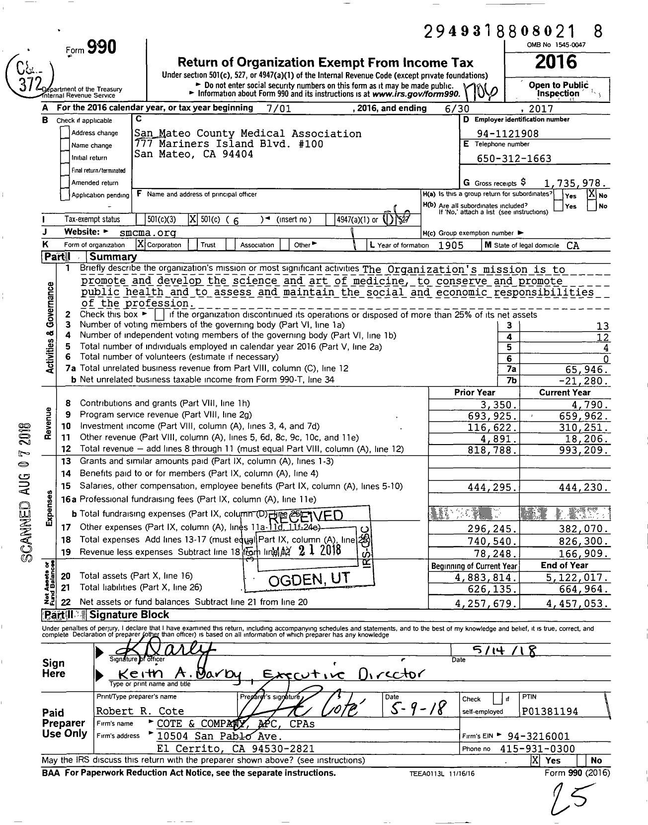 Image of first page of 2016 Form 990O for San Mateo County Medical Association (SMCMA)