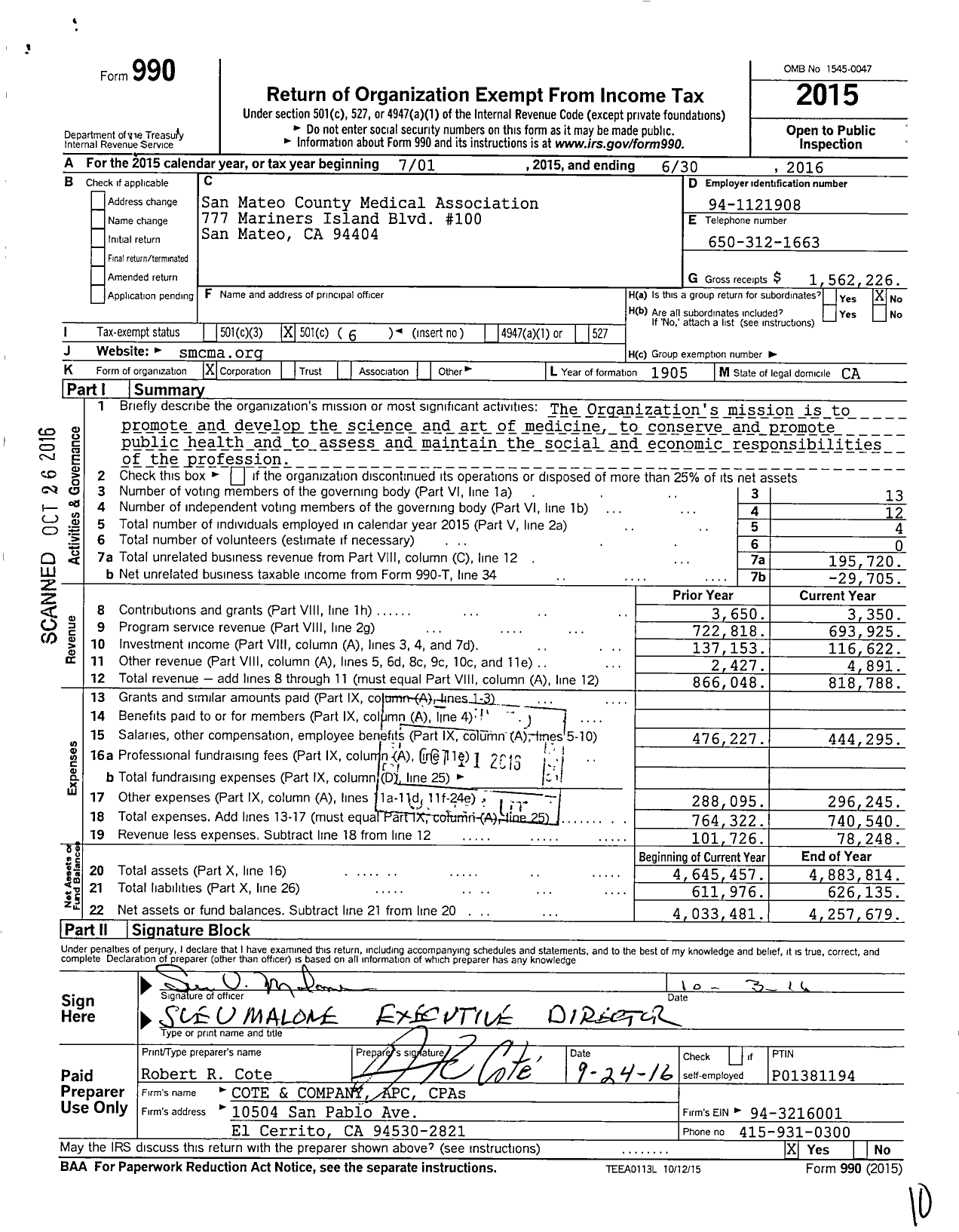 Image of first page of 2015 Form 990O for San Mateo County Medical Association (SMCMA)