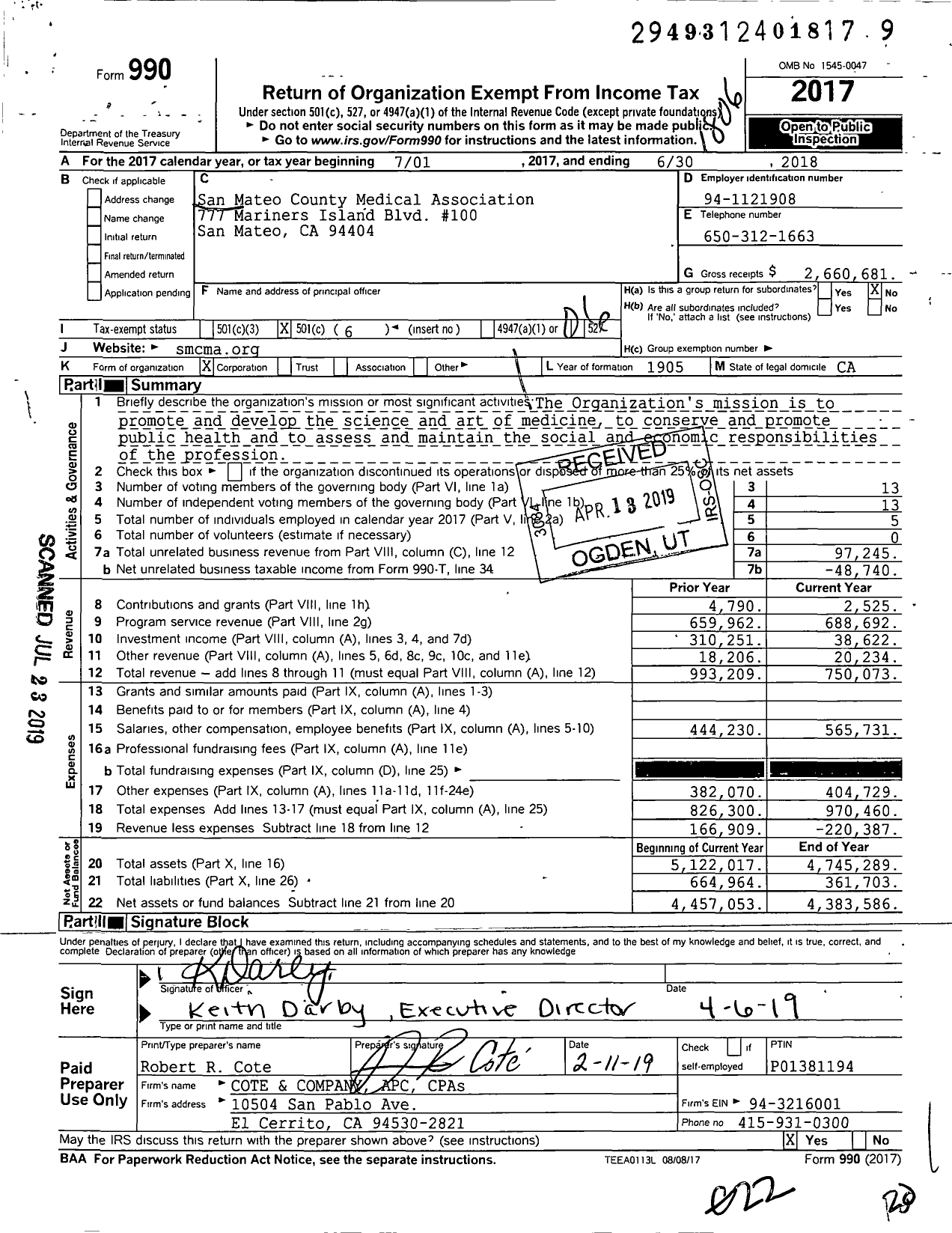 Image of first page of 2017 Form 990O for San Mateo County Medical Association (SMCMA)