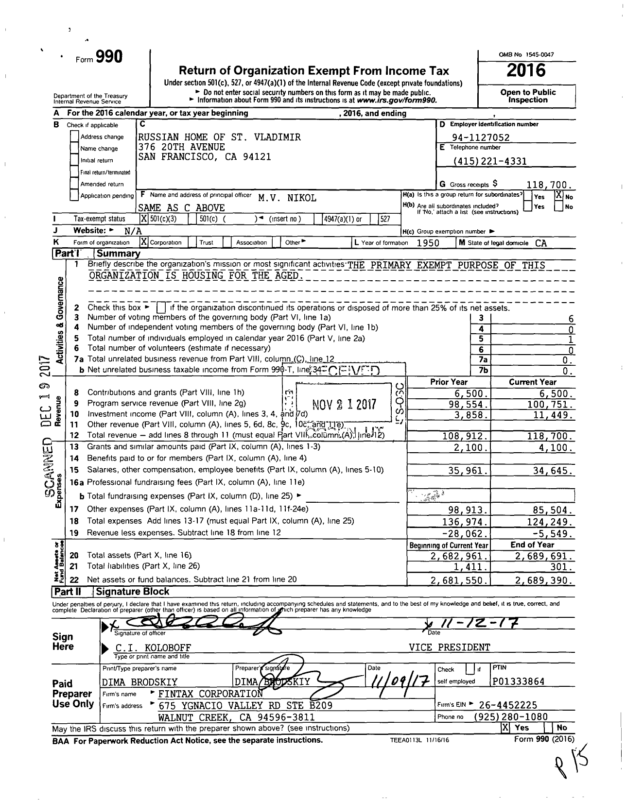 Image of first page of 2016 Form 990 for Russian Home of St Vladimir