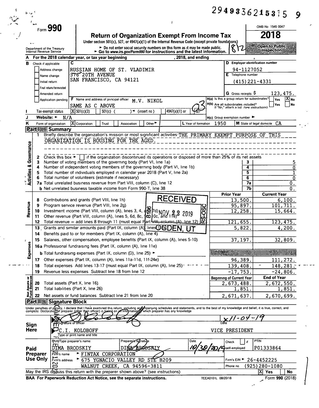 Image of first page of 2018 Form 990 for Russian Home of St Vladimir