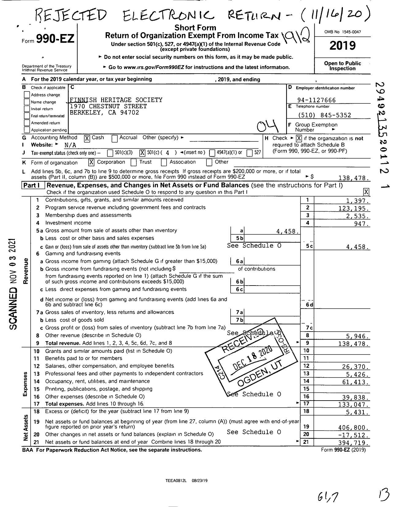 Image of first page of 2019 Form 990EO for Finnish Heritage Society